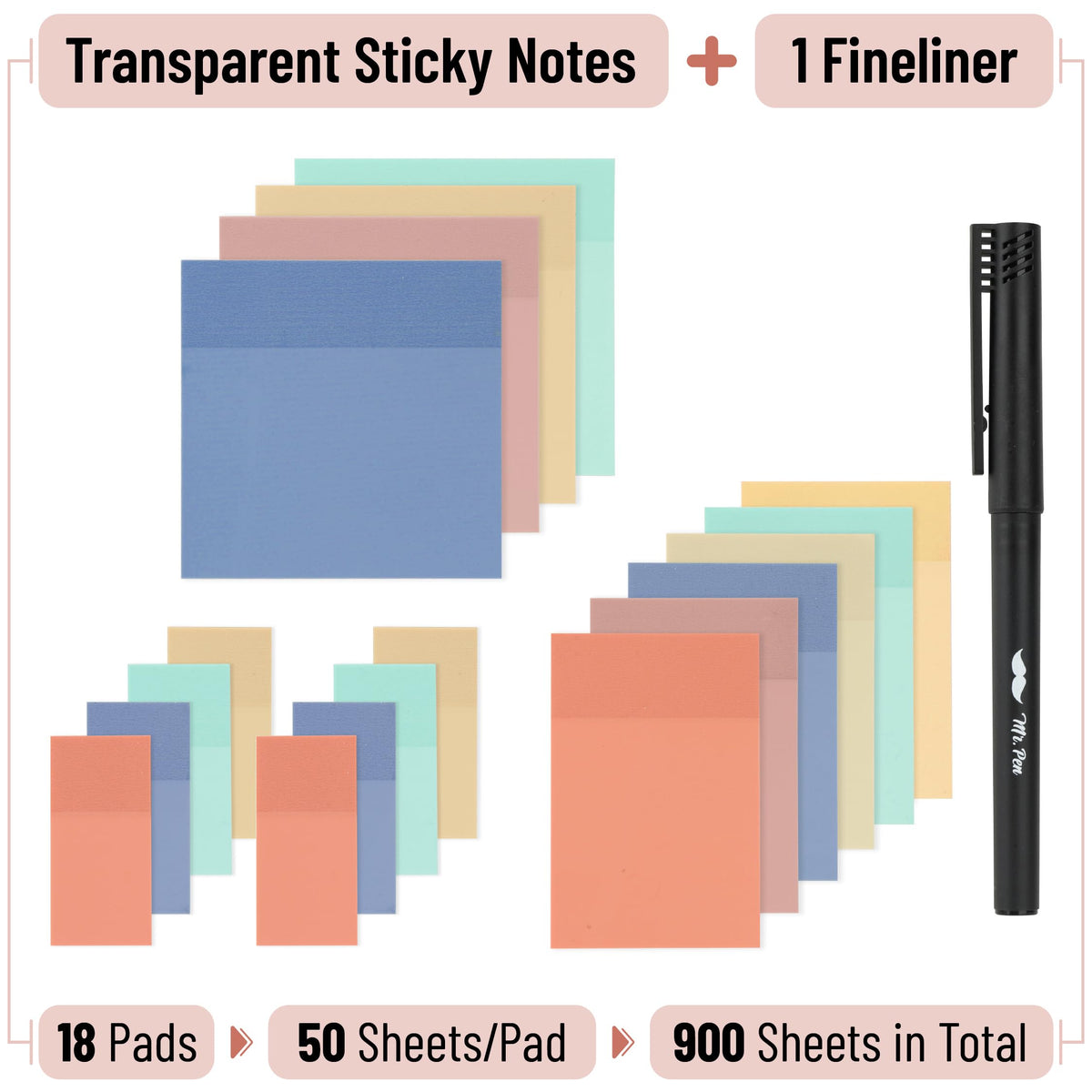 Mr. Pen- Transparent Sticky Notes, 18 Pads, 900 Sheets with Pen