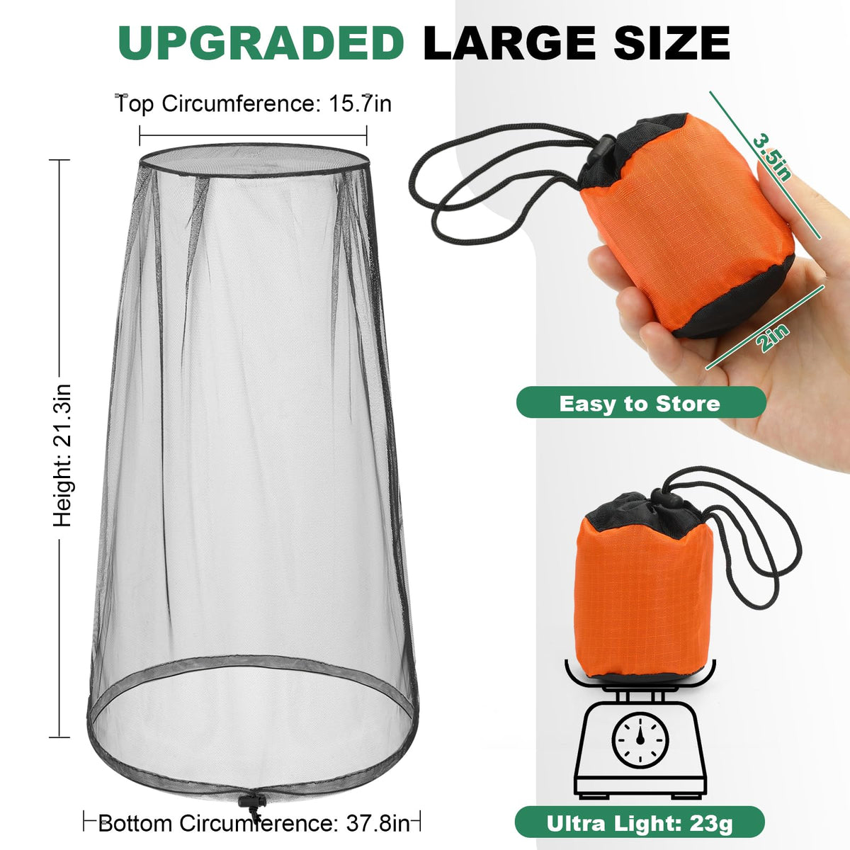 2 Pack Premium Mosquito Head Nets, Ultra Large Bug Net for Head