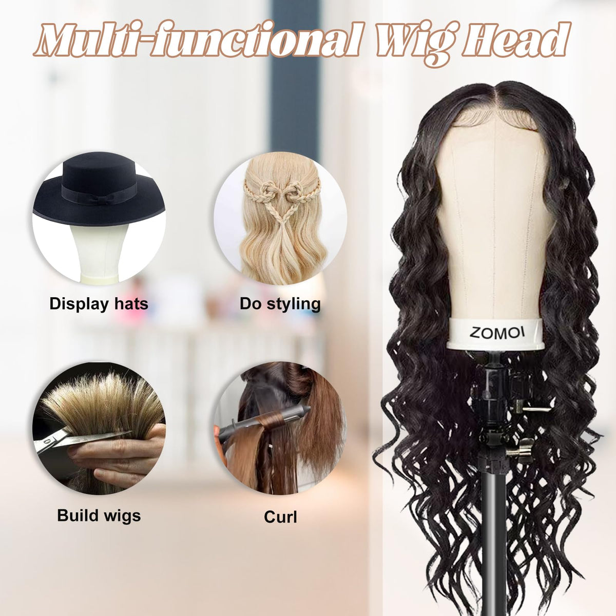 Wig Head Stand Mannequin Head for Wigs with Wig caps T Pins C Bristle Brush