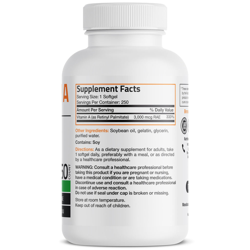 Bronson Vitamin A 10,000 IU Healthy Vision and Immune Support, 250 Softgels | Vitamin A Palmitate, Once-Daily Rapid Release, Skin, Growth & Reproduction Support, Non-GMO