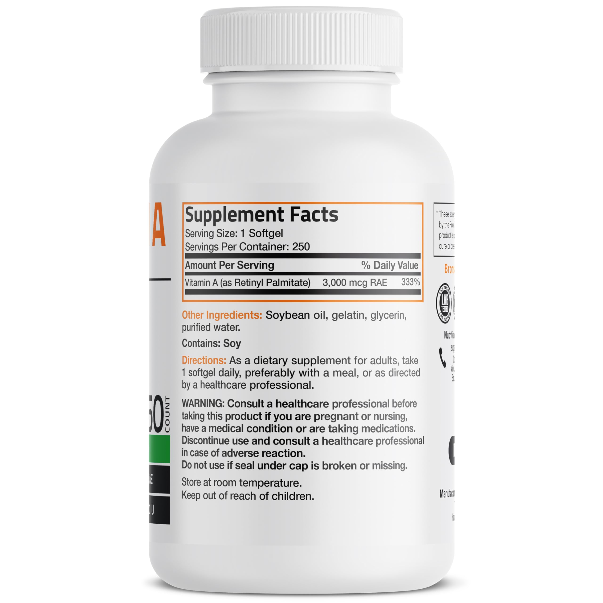 Bronson Vitamin A 10,000 IU Healthy Vision and Immune Support, 250 Softgels | Vitamin A Palmitate, Once-Daily Rapid Release, Skin, Growth & Reproduction Support, Non-GMO