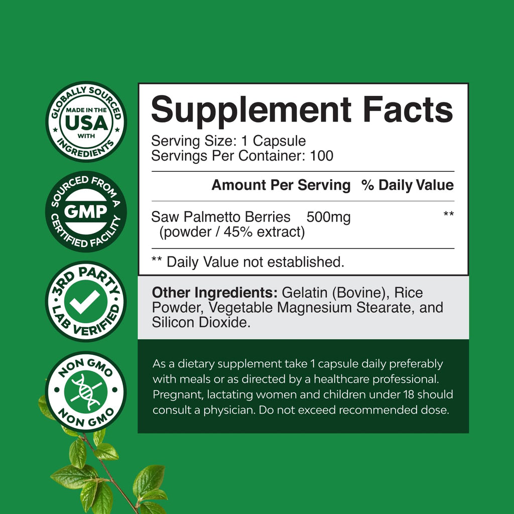 Saw Palmetto for Men Prostate Support - 500mg per Serving - 100 Capsules | Prostate Health Supplement for Men - Herbal Supplement for Urinary Support - Healthy Hair Support - Non-GMO - 100 Servings