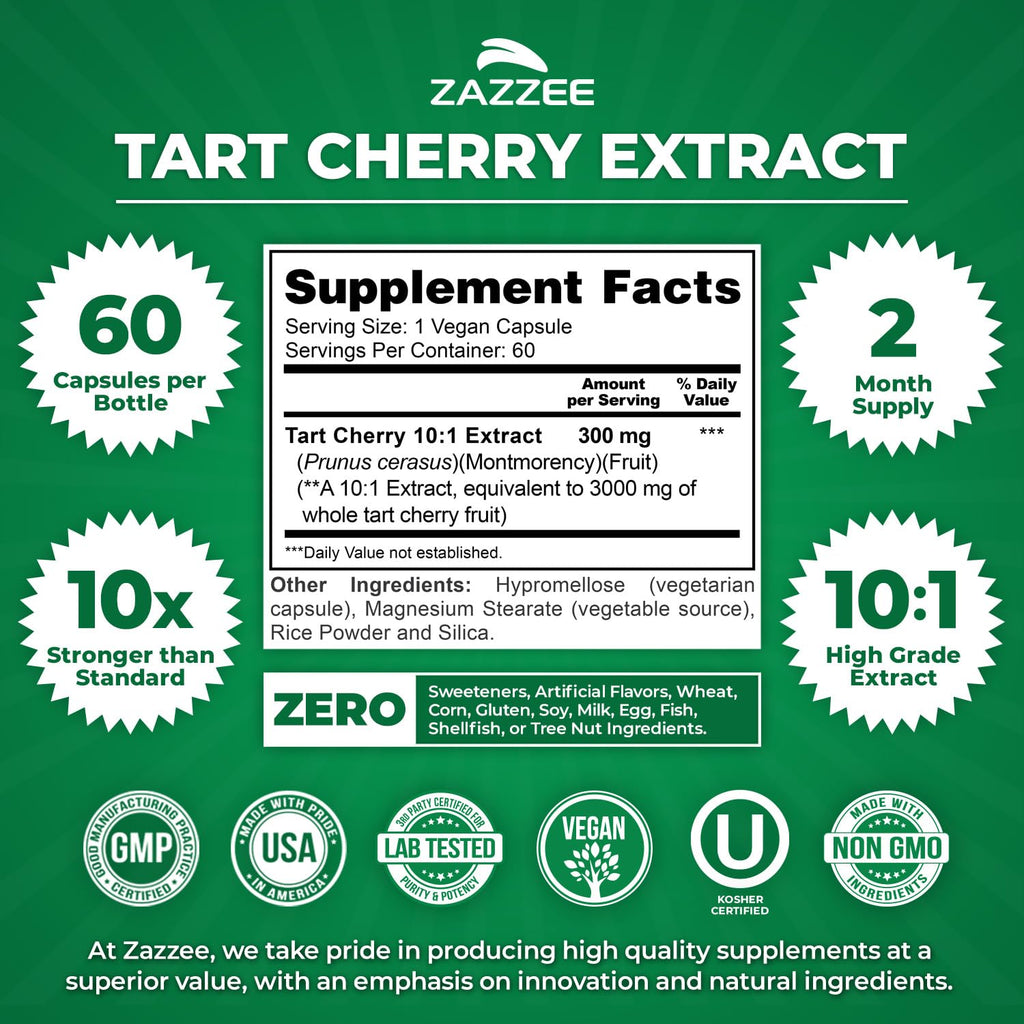 Zazzee Tart Cherry 10:1 Extract, 60 Vegan Capsules, 2 Month Supply | Montmorency Cherry, Certified Kosher, Joint & Uric Acid Support, Antioxidant Support Formula, Non-GMO, Made in the USA
