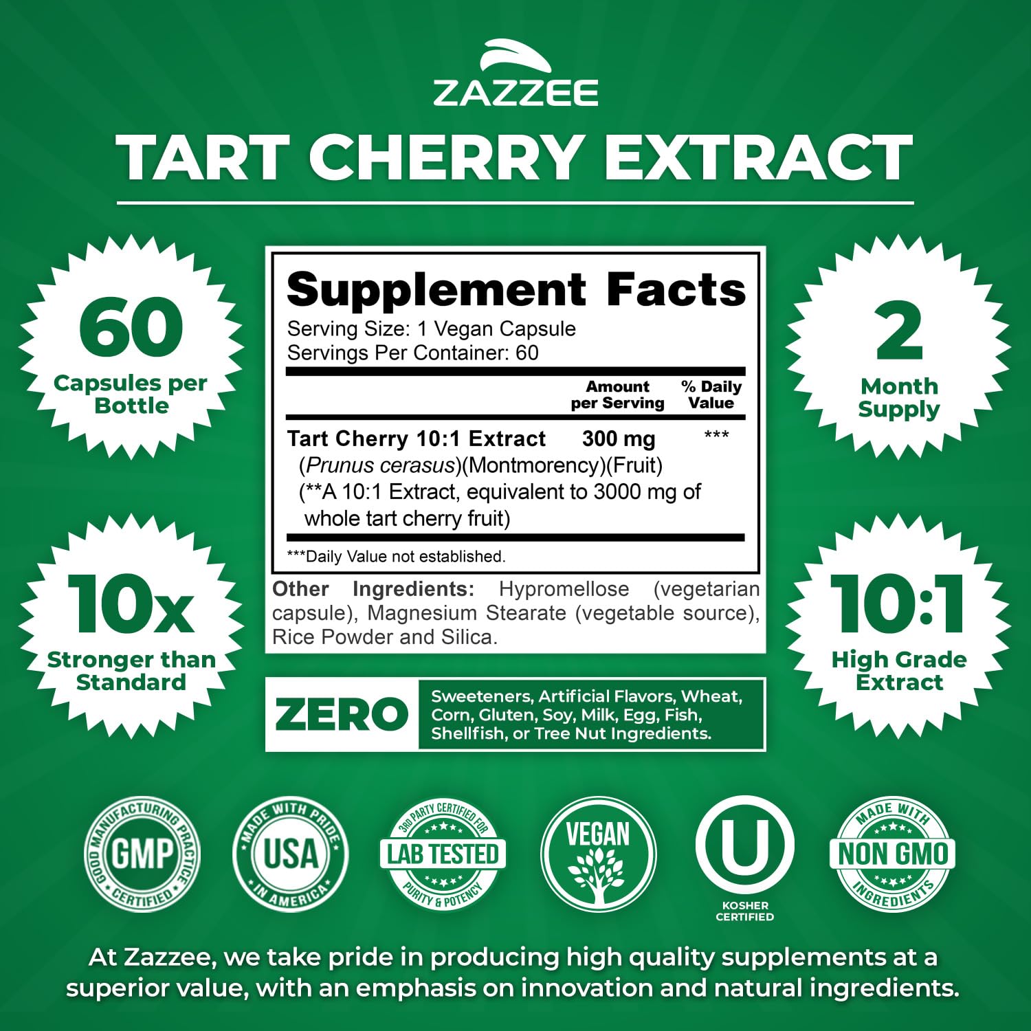 Zazzee Tart Cherry 10:1 Extract, 60 Vegan Capsules, 2 Month Supply | Montmorency Cherry, Certified Kosher, Joint & Uric Acid Support, Antioxidant Support Formula, Non-GMO, Made in the USA