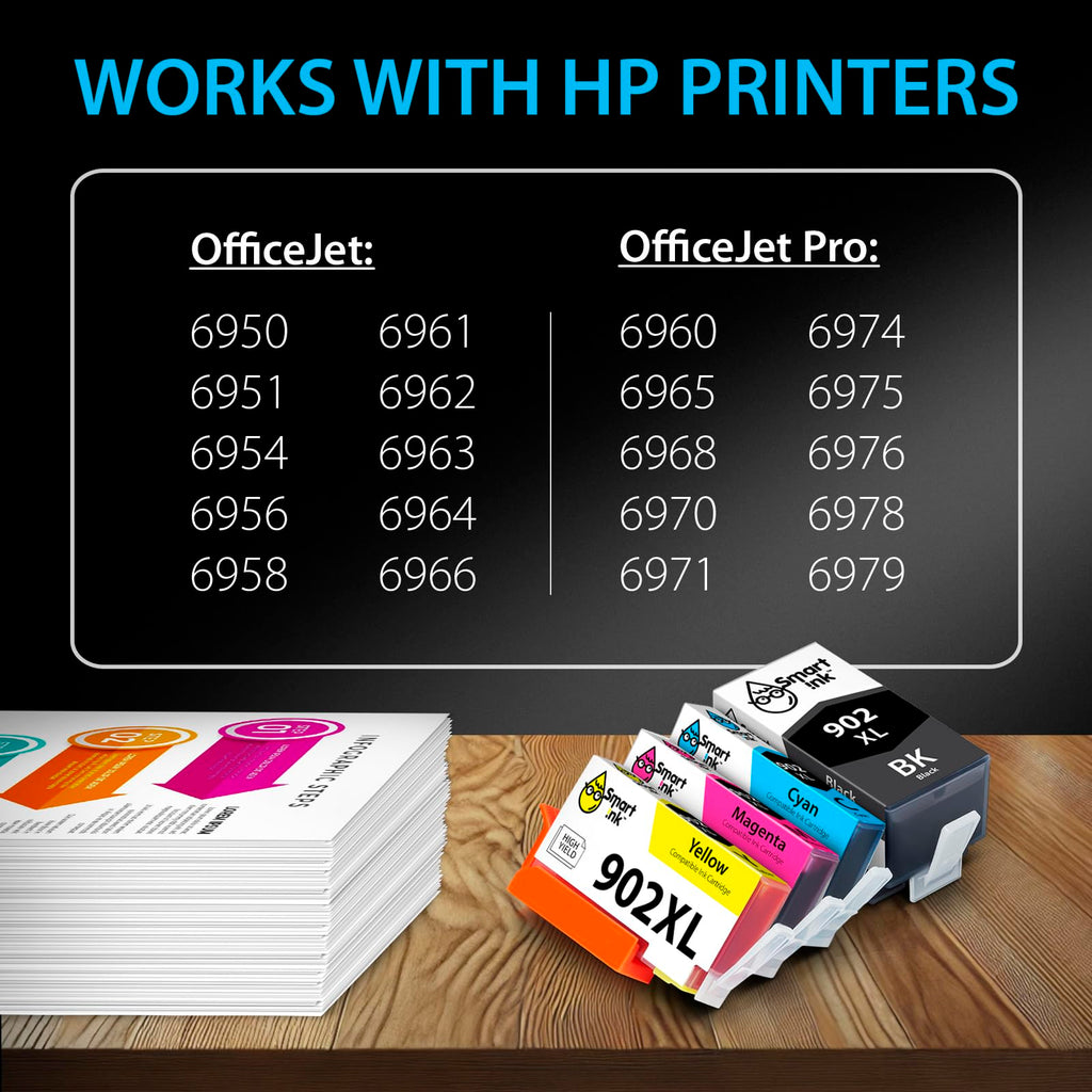 Smart Ink Compatible Ink Cartridge Replacement for HP 902 XL 902XL (4 Combo Pack) to use with Officejet Pro 6978 6968 6974 6975 6960 Officejet 6951 6954 6956 6958 Printers