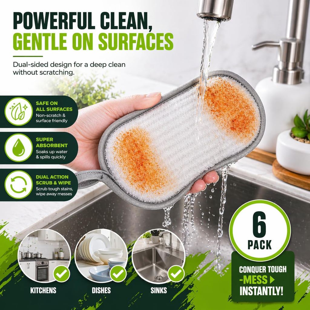R&C Scrub Max Sponges Kitchen Dish Dual-Sided Sponge for Washing Dishes Cleaning Kitchen, All-Purpose (6 Pack,Large) Non Scratch, Rough Scrubbers Side for Non-Stick Cookware, Soft Microfiber Scrub