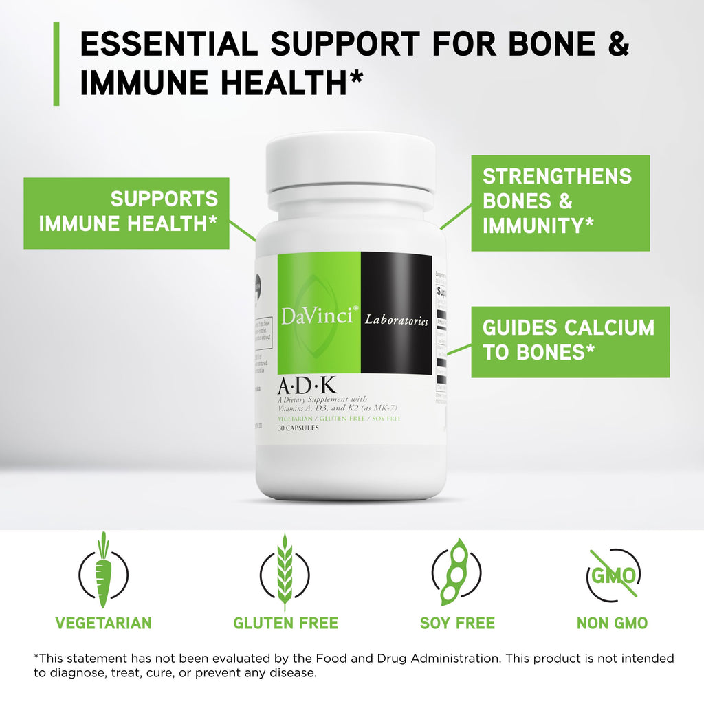 DAVINCI Labs ADK - Helps Support Bone, Heart & Immune Health - Dietary Supplement with Vitamins A, D3 & K2 (as MK-7) - Vegetarian, Gluten Free & Soy Free - 60 Capsules