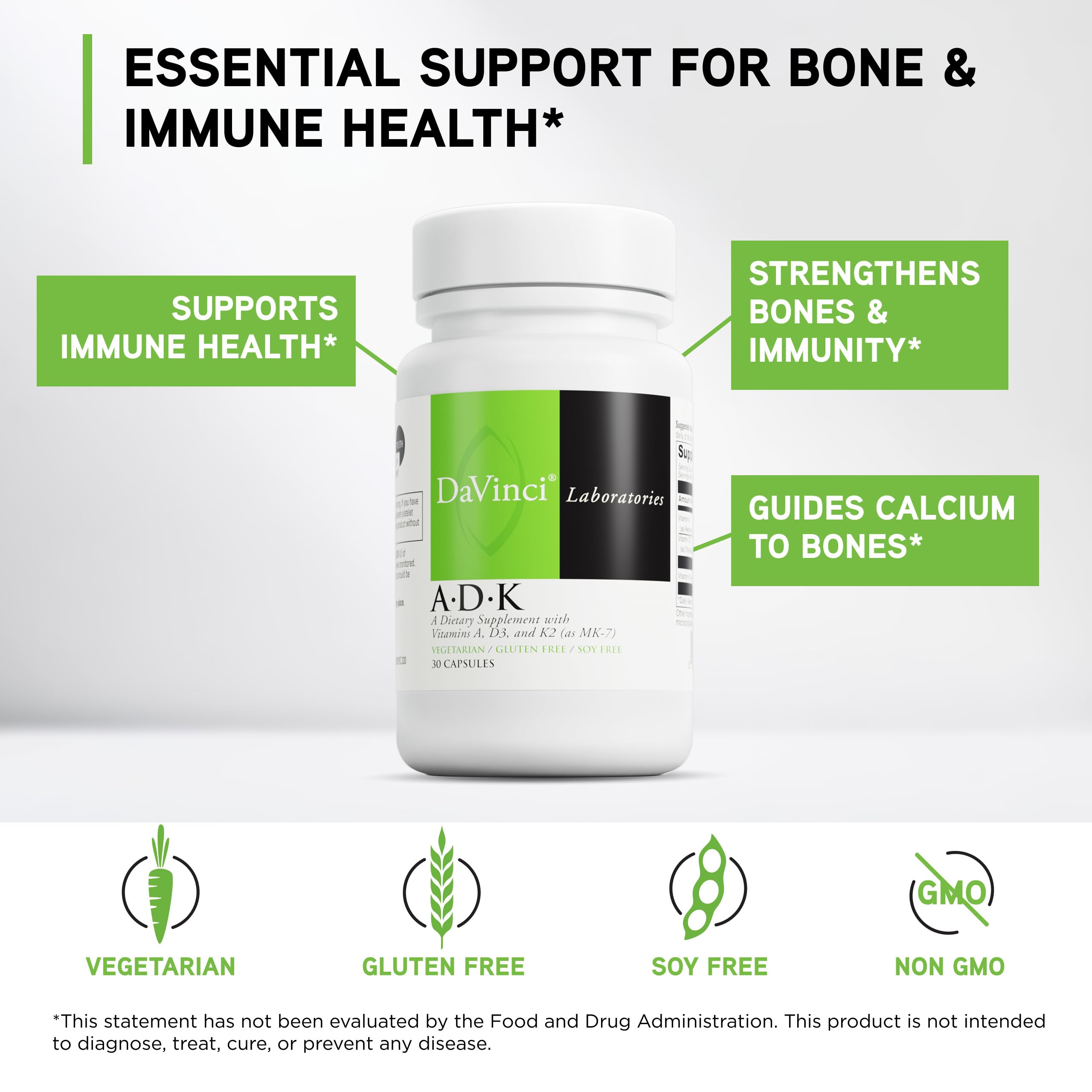 DAVINCI Labs ADK - Helps Support Bone, Heart & Immune Health - Dietary Supplement with Vitamins A, D3 & K2 (as MK-7) - Vegetarian, Gluten Free & Soy Free - 60 Capsules