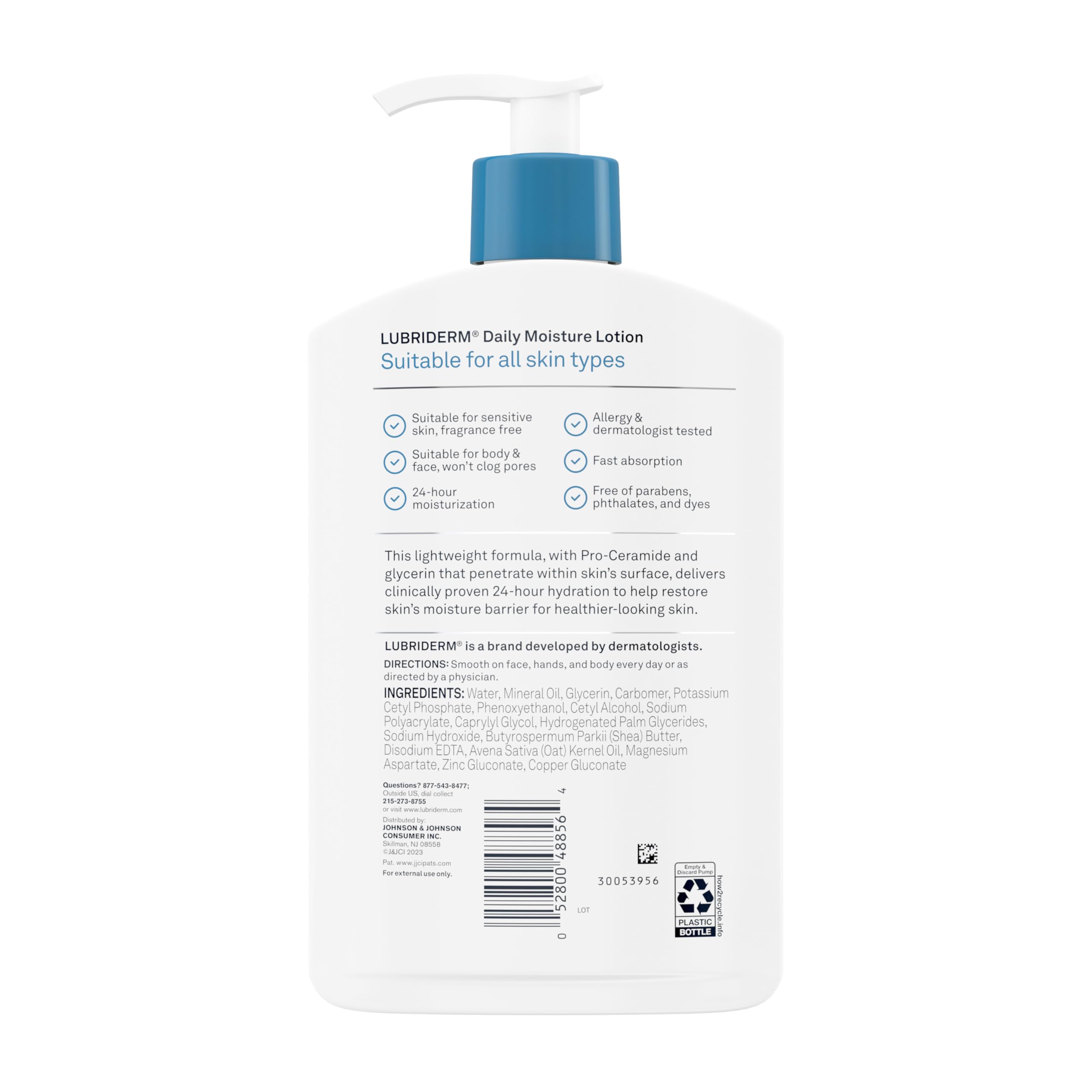 Lubriderm Fragrance Free Daily Moisture Lotion + Pro-Ceramide, Shea Butter & Glycerin, Face, Hand & Body Lotion for Sensitive Skin, Hydrating for Healthier-Looking Skin, 16 fl. Oz (Pack of 3)