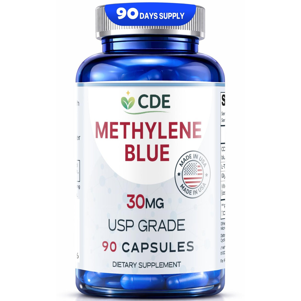 CDE Methylene Blue Capsules 30mg - Made in USA, 90 Days Supply - Pharmaceutical CDEMBC USP Grade, Third Party Lab Tested, Formaldehyde-Free, Non-GMO - Cellular & Cognitive Support