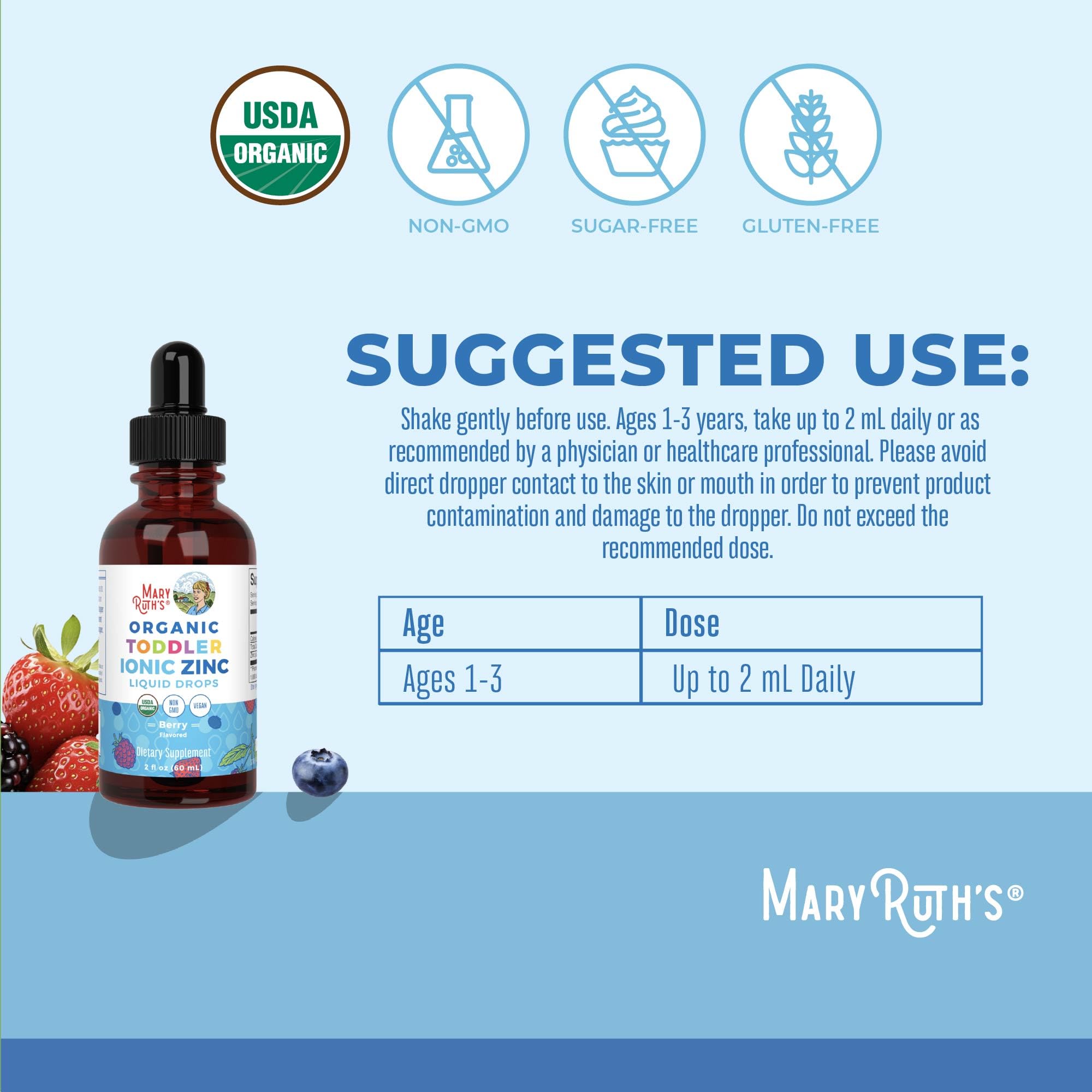 MaryRuth's Organic Toddler Zinc Liquid Drops, Berry Flavor, Vegan, 2 Fl Oz | Immune Support Supplement, Skin Health, Vegan, Formulated for Ages 1-3, 1 Month Supply