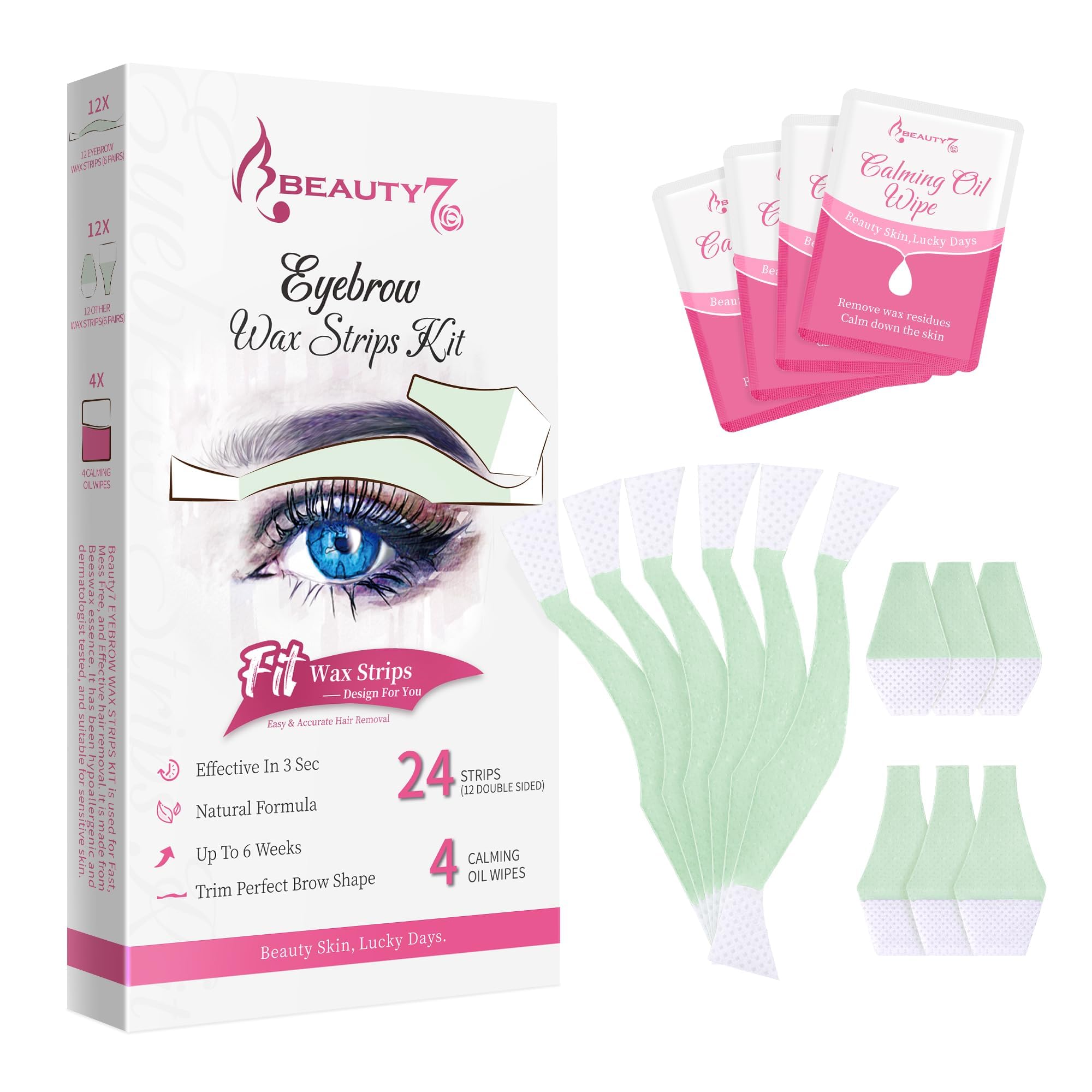 Beauty7 Facial Wax Strips for Hair Removal - Eyebrow Wax Strips at Home - 24 Strip, 4 Calming Oil Wipes for All Skin Types for Women