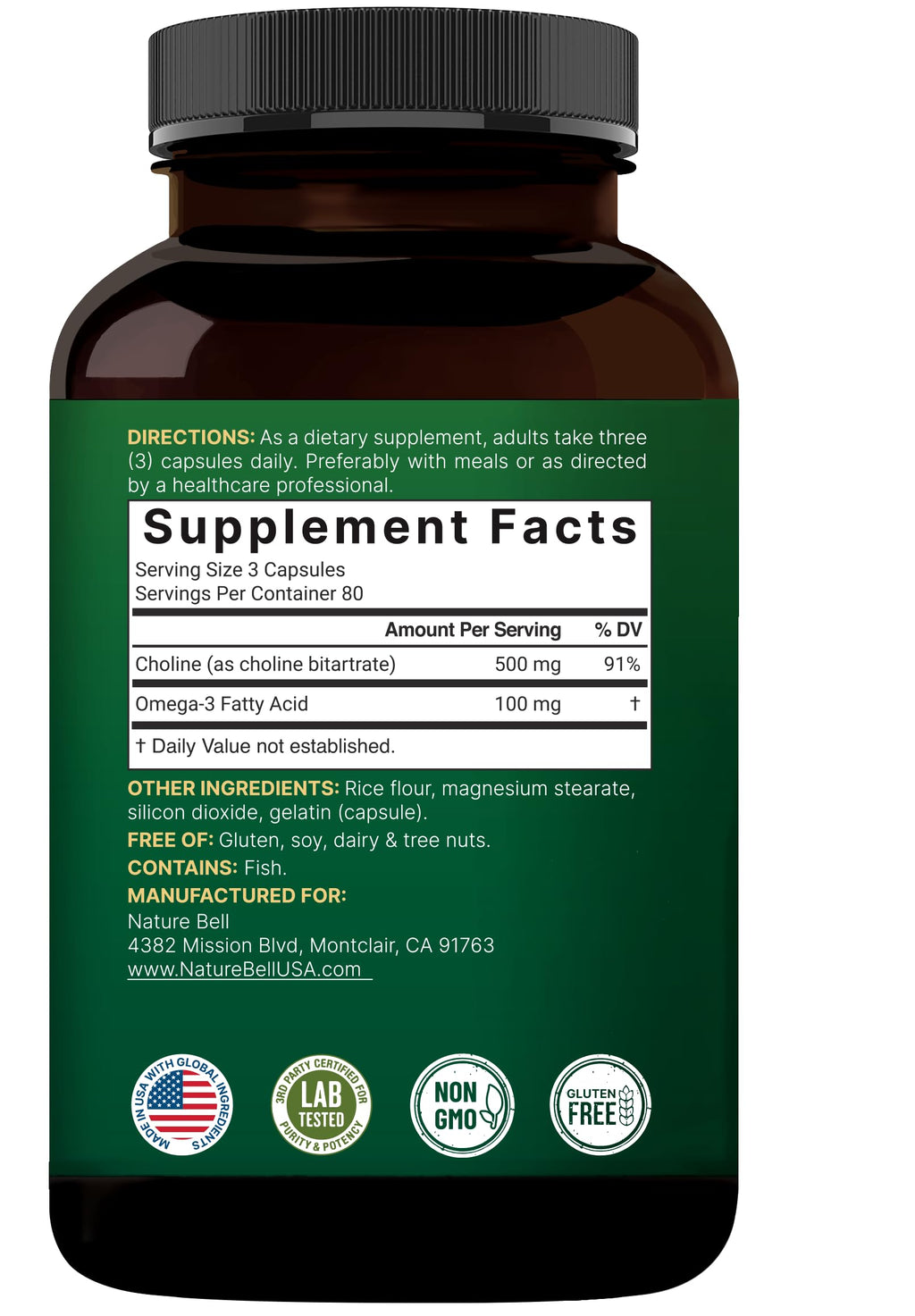 NatureBell Choline 500 mg with Omega-3 Fatty Acids, 240 Capsules | Extra Strength 2-in-1 Choline Bitartrate Formula | Non-GMO