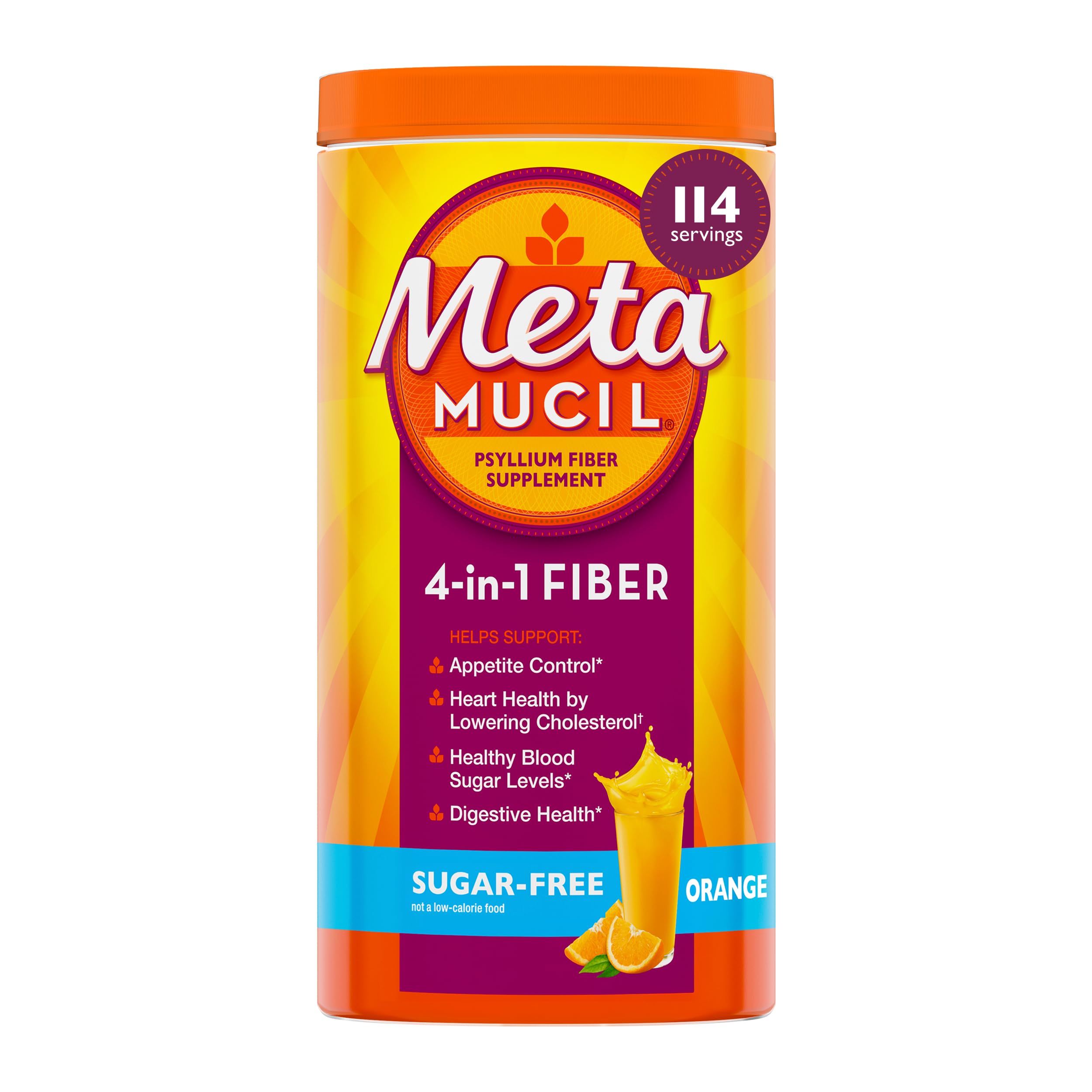 Metamucil 4-in-1 Psyllium Husk GLP-1 Friendly Fiber Supplement, Sugar-Free, 114 teaspoons, Orange Flavored, Daily Fiber Powder for Digestive Health, made with Plant-Based Psyllium Husk Fiber