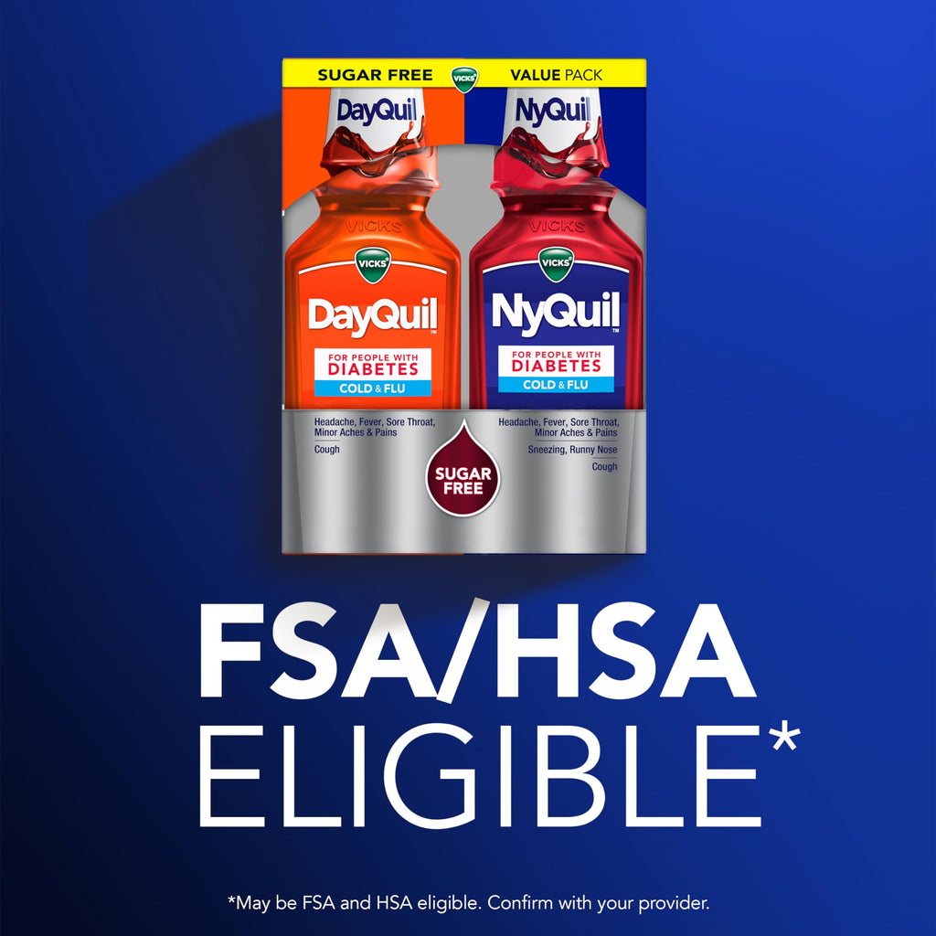 Buy now VICKS DayQuil & NyQuil Diabetes Cold & Flu Relief Medicine Co-Pack, Powerful Multi-Symptom Daytime & Nighttime Relief for Cold, Cough, and Flu Symptoms, Sugar & Alcohol Free, 2 x 12 FL OZ Bottles at indiglob india