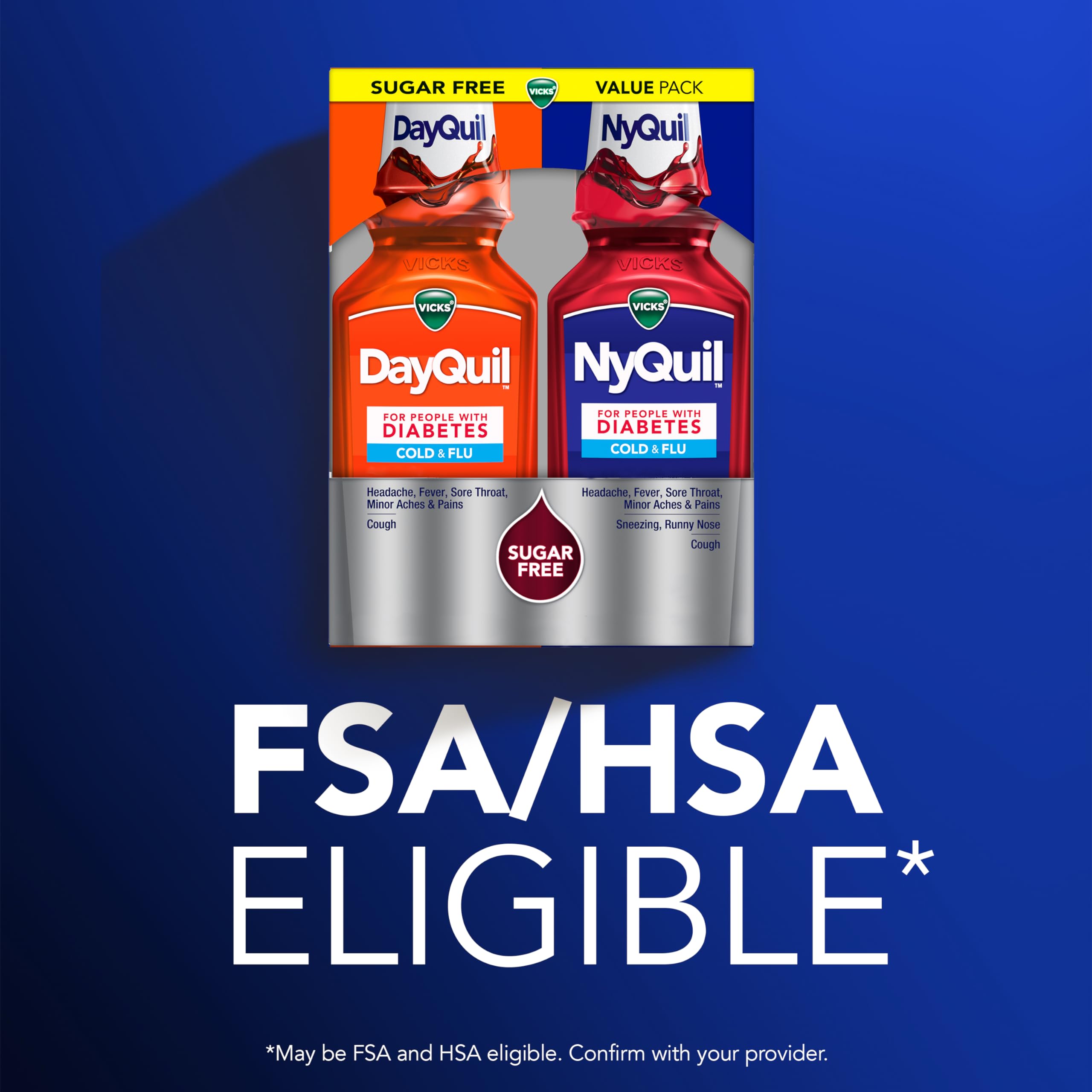 Buy now VICKS DayQuil & NyQuil Diabetes Cold & Flu Relief Medicine Co-Pack, Powerful Multi-Symptom Daytime & Nighttime Relief for Cold, Cough, and Flu Symptoms, Sugar & Alcohol Free, 2 x 12 FL OZ Bottles at indiglob india