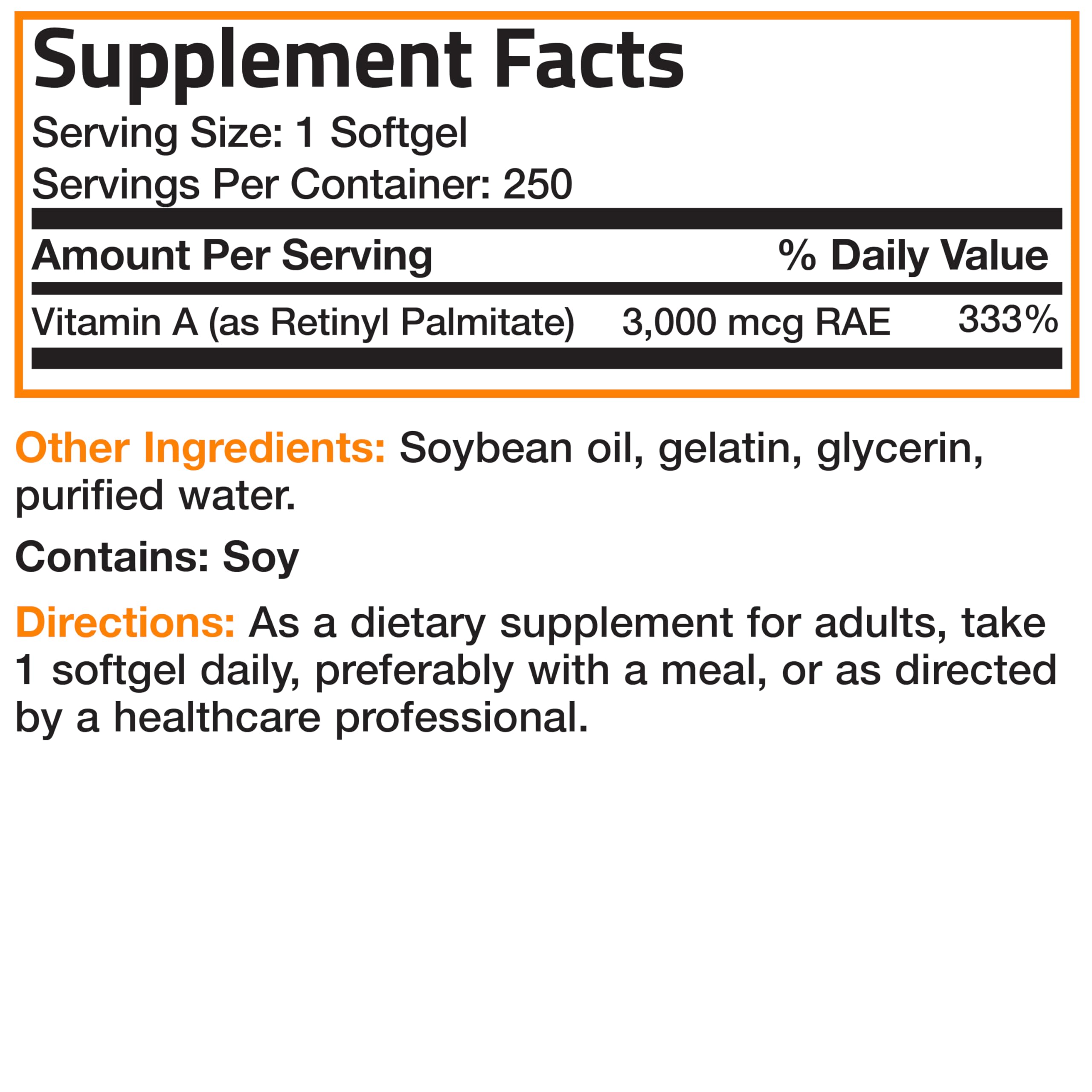 Bronson Vitamin A 10,000 IU Healthy Vision and Immune Support, 250 Softgels | Vitamin A Palmitate, Once-Daily Rapid Release, Skin, Growth & Reproduction Support, Non-GMO