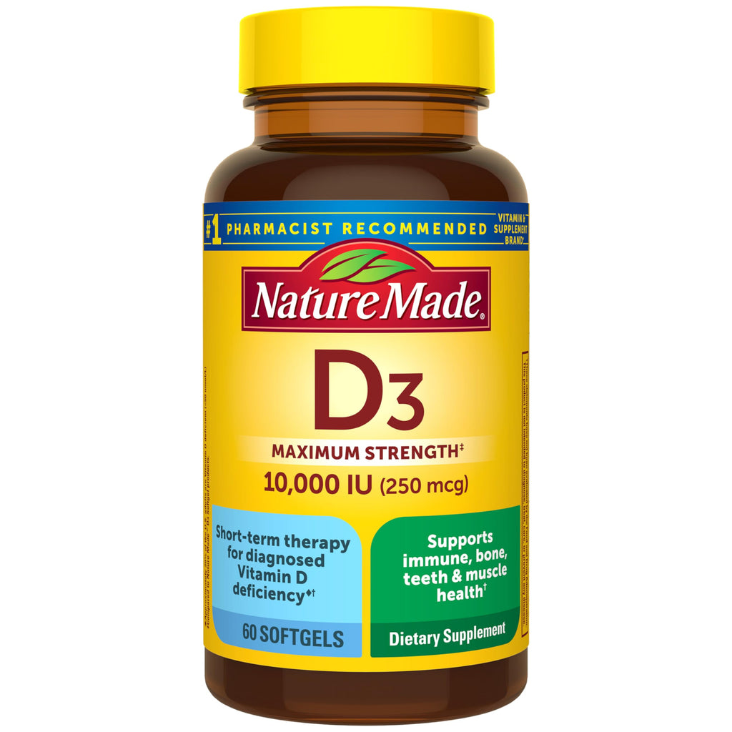 Nature Made Vitamin D3 10000 IU (250 mcg) Maximum Strength, 60 Softgels | Vitamin D Supplement for Immune, Bone, Teeth and Muscle Health Support, 60 Day Supply
