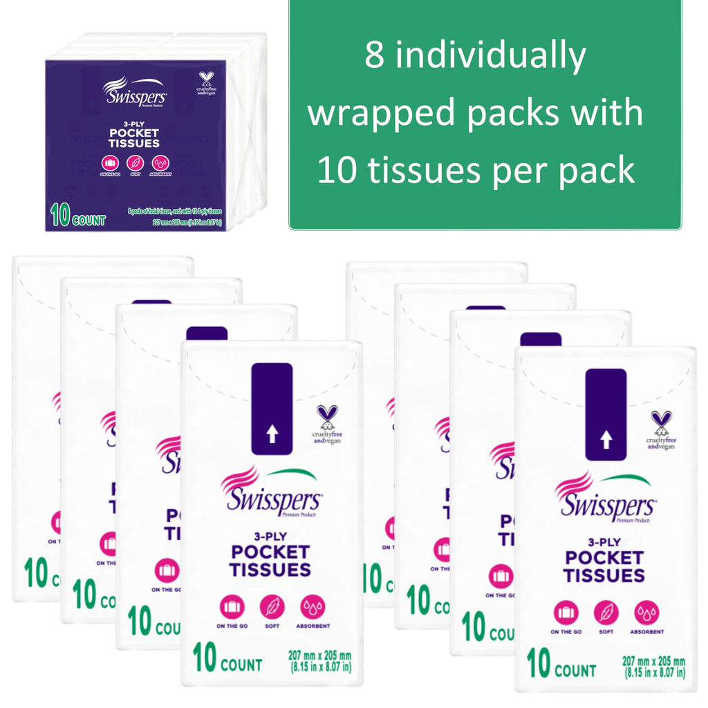 Swisspers Pocket Tissues, 3-Ply White, 10 per Pack (Pack of 8)