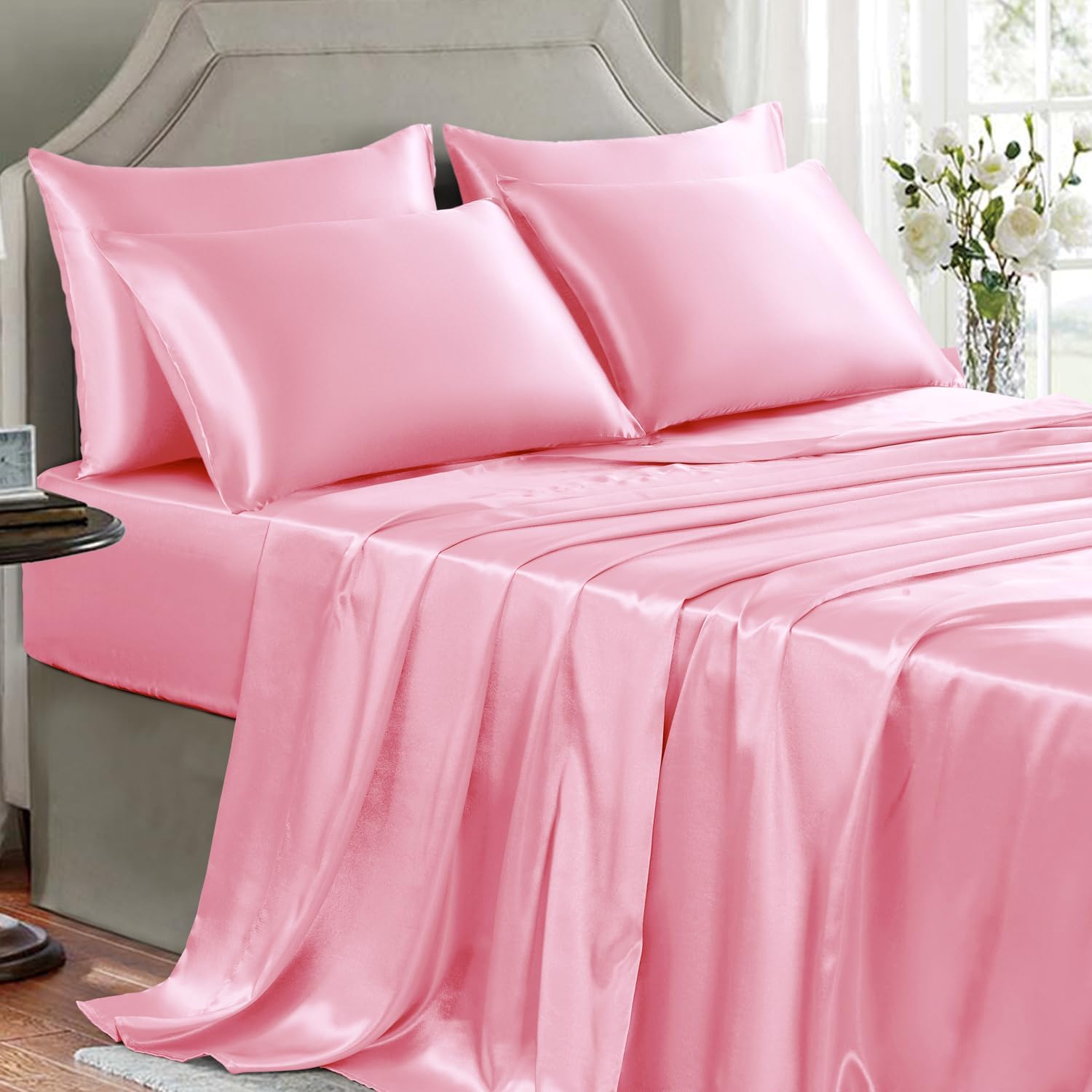 Buy now Satin Sheets King Size - 4 Pieces Luxury Silky Soft Bed Sheets, Wrinkle-Free Gold Satin Silk Sheet Set with 1 Deep Pocket Fitted Sheet, 1 Flat Sheet, 2 Pillow Cases Queen(6Pc) Light Pink at indiglob india