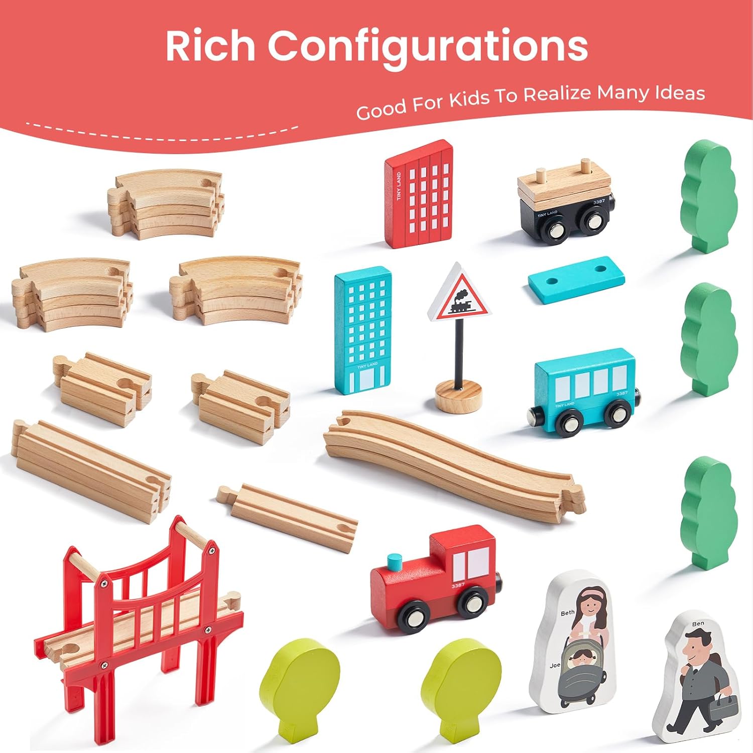 Buy now Tiny Land Wooden Train Set for Toddler - 39 Pcs- with Wooden Tracks Compatible with Major Brands - Expandable, Changeable-Train Toy for 3 4 5 Years Old Girls & Boys at indiglob india
