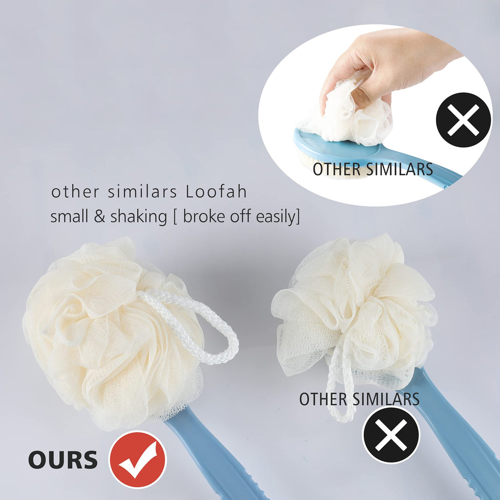 Shower Body Brush Bristles & Mesh Loofah Sponge,Curved Handle Back Scrubber | Long Handle Bath Brush with Mesh Sponge for Skin Exfoliating,Massage Bristles Suitable for Wet or Dry,Men & Women(Blue)