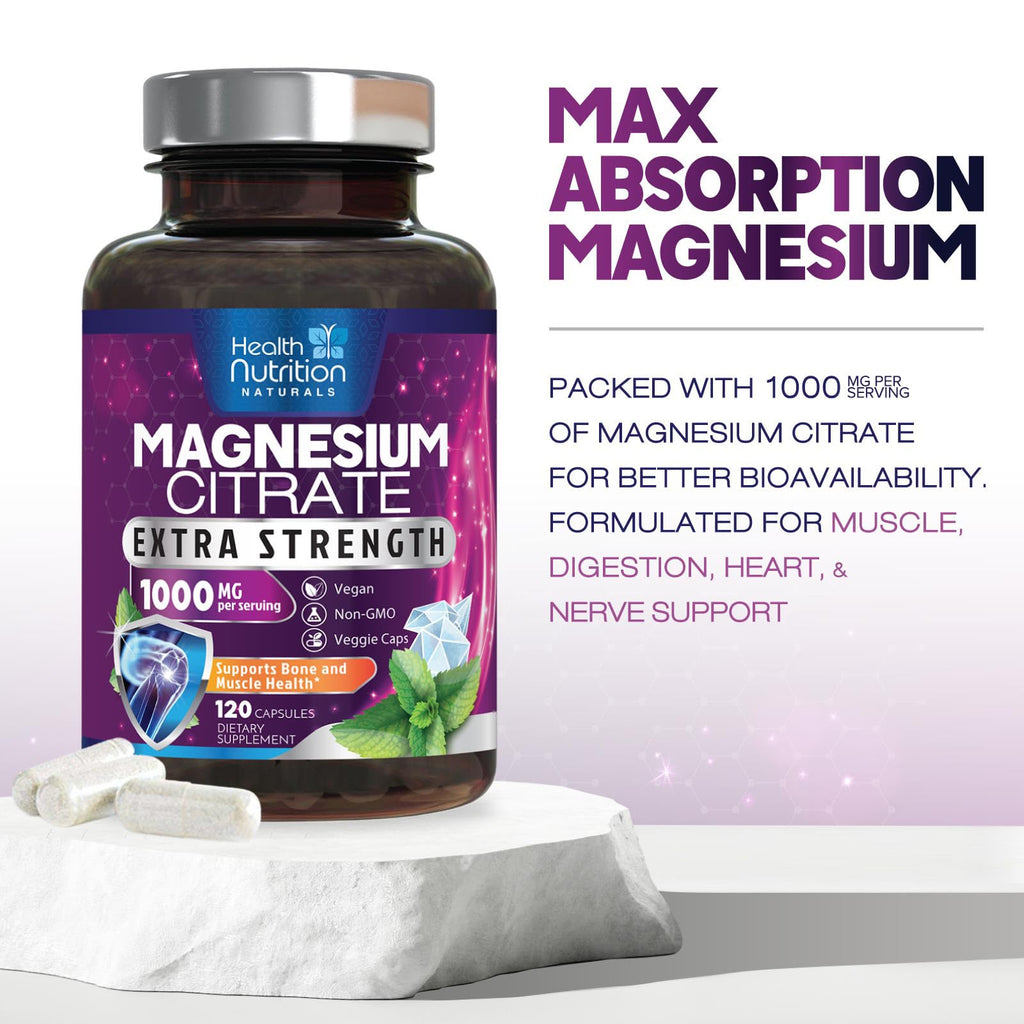 Magnesium Citrate 1000mg Per Serving - Max Absorption Magnesium Powder Capsules for Muscle, Nerve and Heart Health Support, High Absorption Citrate Complex, Gluten Free, Non-GMO - 120 Capsules