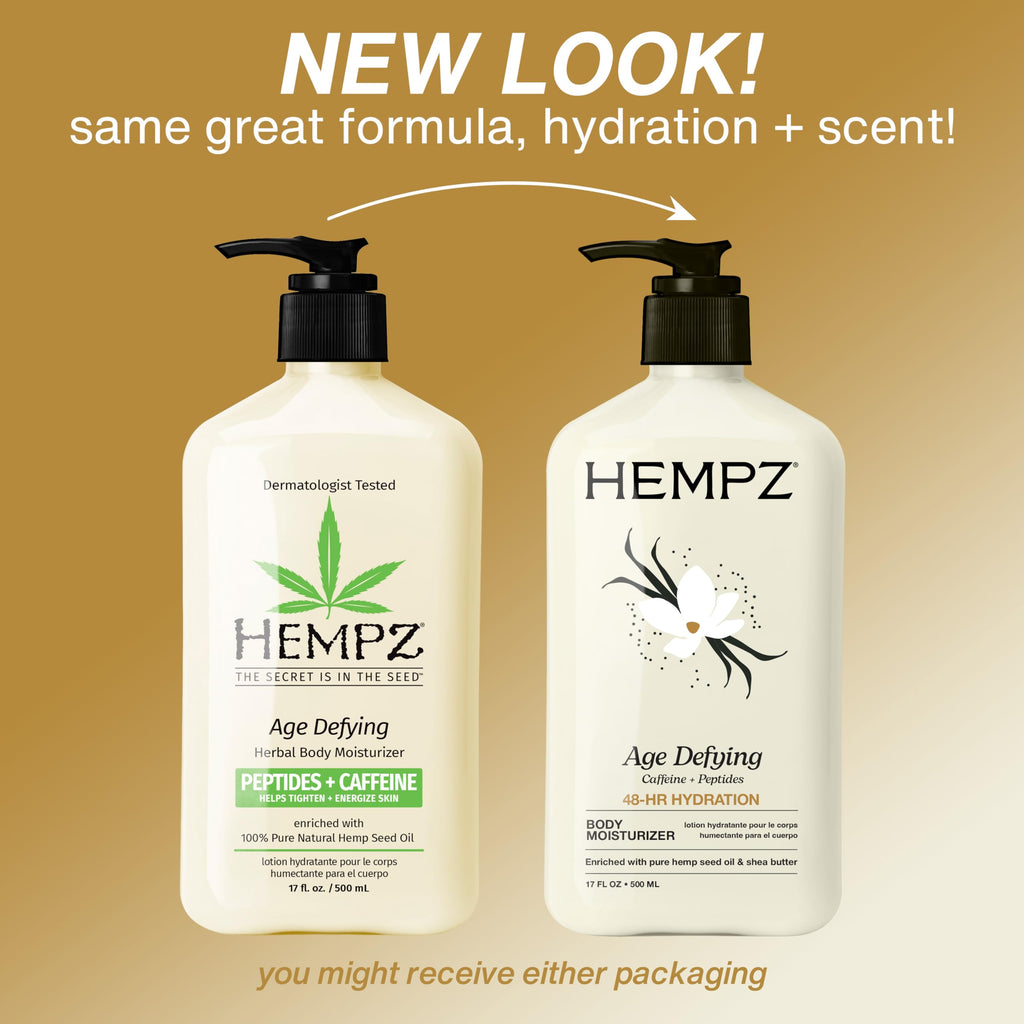 Hempz Age-Defy Body and Hand Lotion for Dry Skin, for Cracked & Crepey Skin, Quick Absorption Moisturizer, Large 17 oz | Pure Hemp Seed Oil for Dryness with Peptides & Caffeine, Ginseng, 48-Hour Hydration, Vegan & Cruelty-Free, Paraben-Free