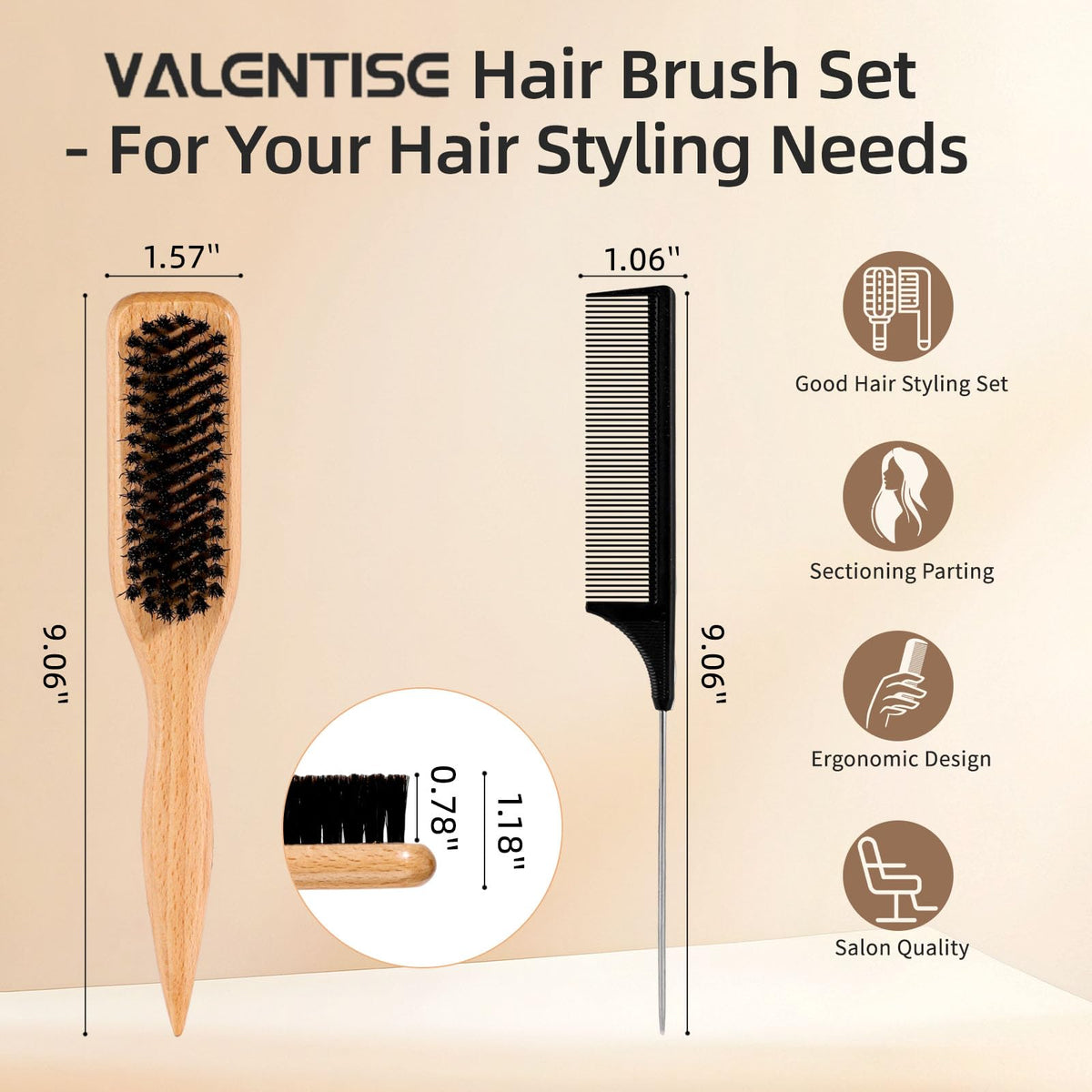 Boar Bristle Slick Back Hair Brush, Teasing Hair Brush with Black Carbon Fiber and Stainless Steel Tail Comb, Slick Hair Brush Set for Parting and Sectioning, Suitable for All Styling