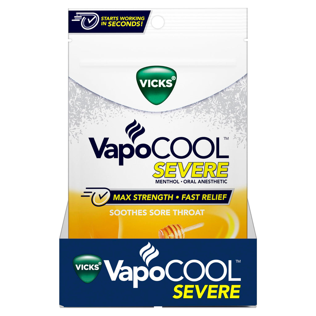 Buy now Vicks VapoCOOL SEVERE Medicated Sore Throat Drops, Fast-Acting Max Strength Relief, Soothes Sore Throat Caused by Cough, Powerful Vicks Vapors, Menthol, Honey Lemon Chill, 225 Total (5 Packs of 45) at indiglob india