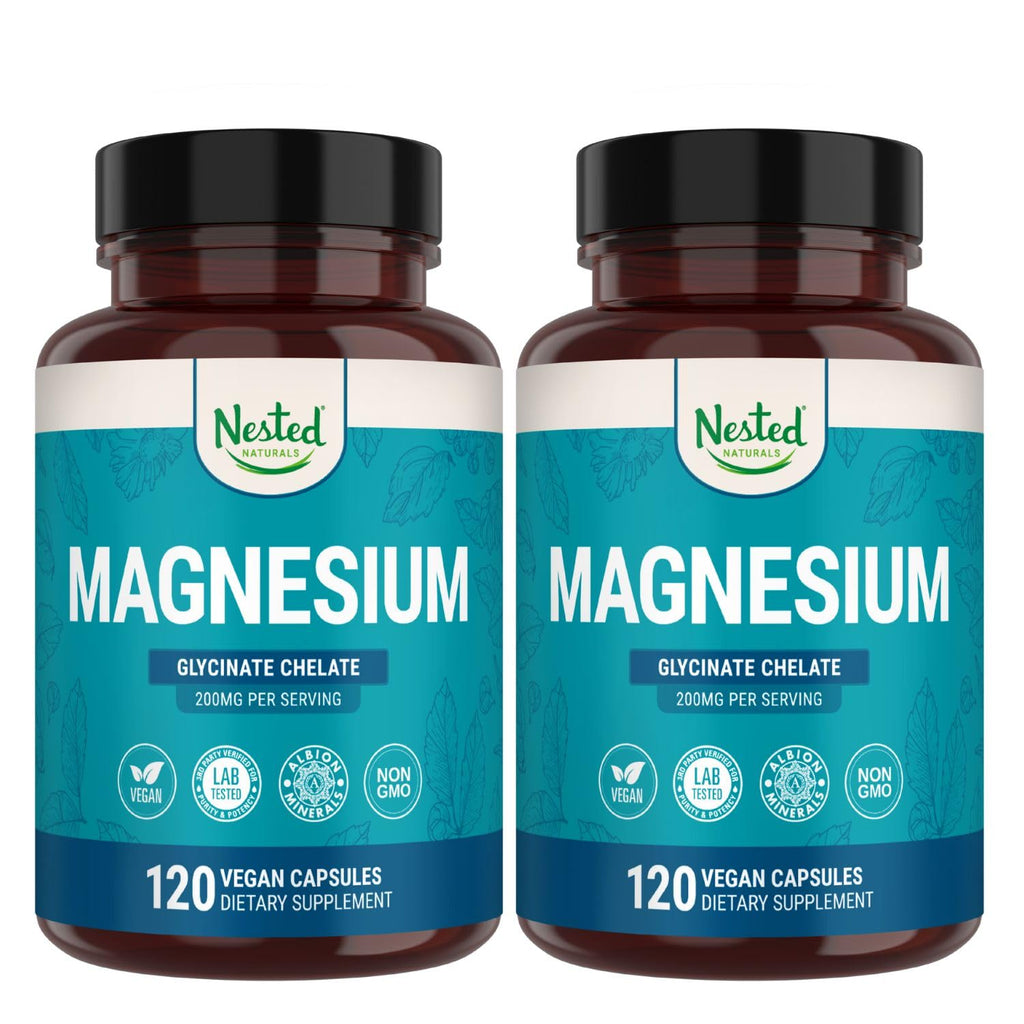 Nested Naturals Magnesium Glycinate Chelate - 200mg Chelated Magnesium Supplement for Muscle Cramps, Relaxation, & Sleep Support - 100% Albion TRACCS Buffered Magnesium Glycinate - 120 Vegan Capsules