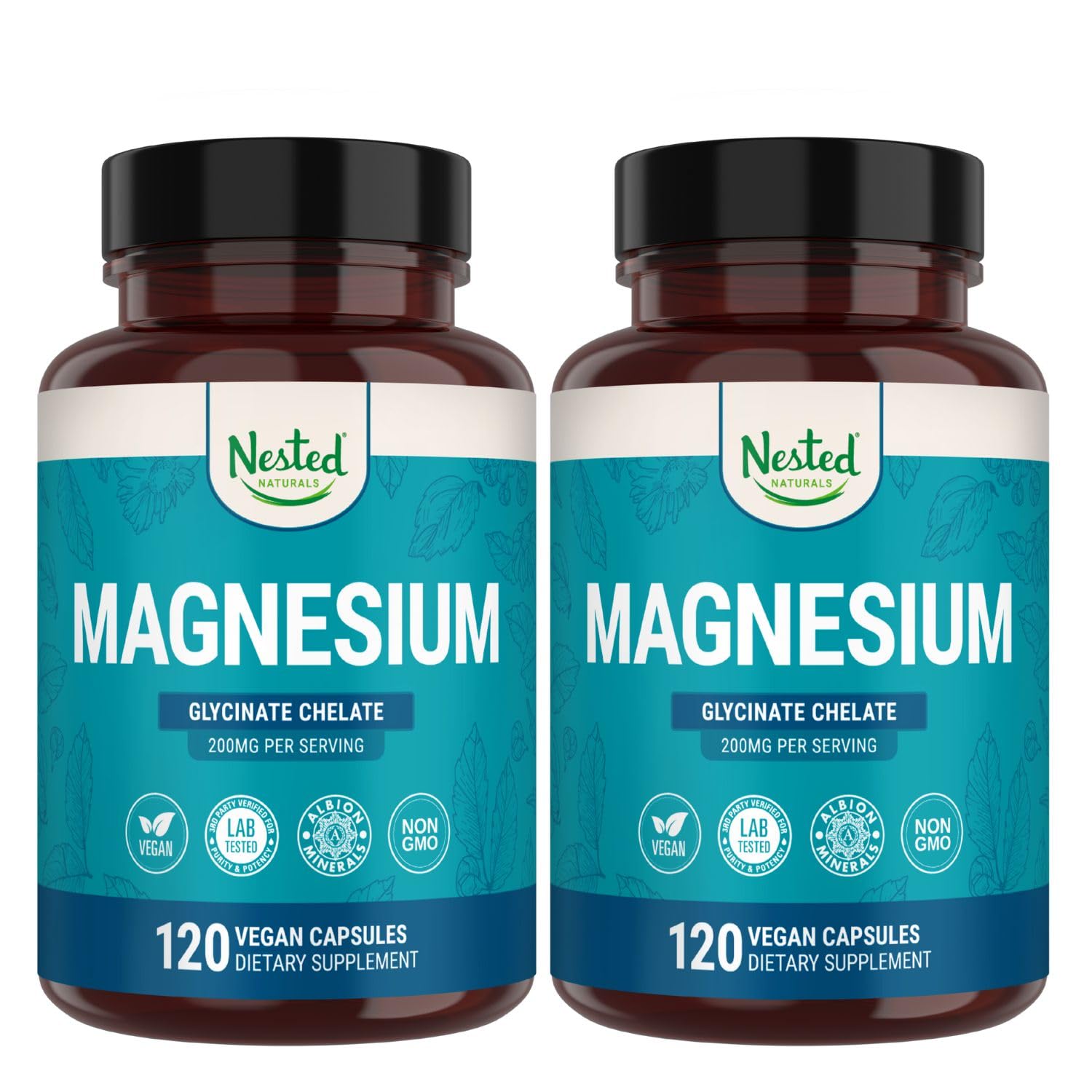 Nested Naturals Magnesium Glycinate Chelate - 200mg Chelated Magnesium Supplement for Muscle Cramps, Relaxation, & Sleep Support - 100% Albion TRACCS Buffered Magnesium Glycinate - 120 Vegan Capsules