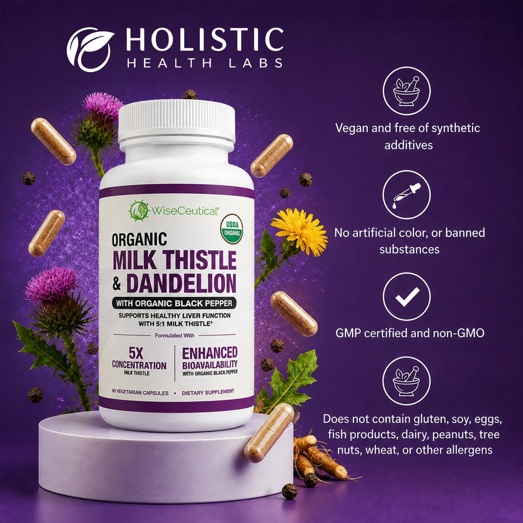 Max Absorption USDA Organic Milk Thistle Potent 5:1 Concentrated Extract (2000mg Strength) & Organic Dandelion Root | Silymarin Antioxidant Flavonoid | Liver Support Supplement (60 Count (Pack of 1))