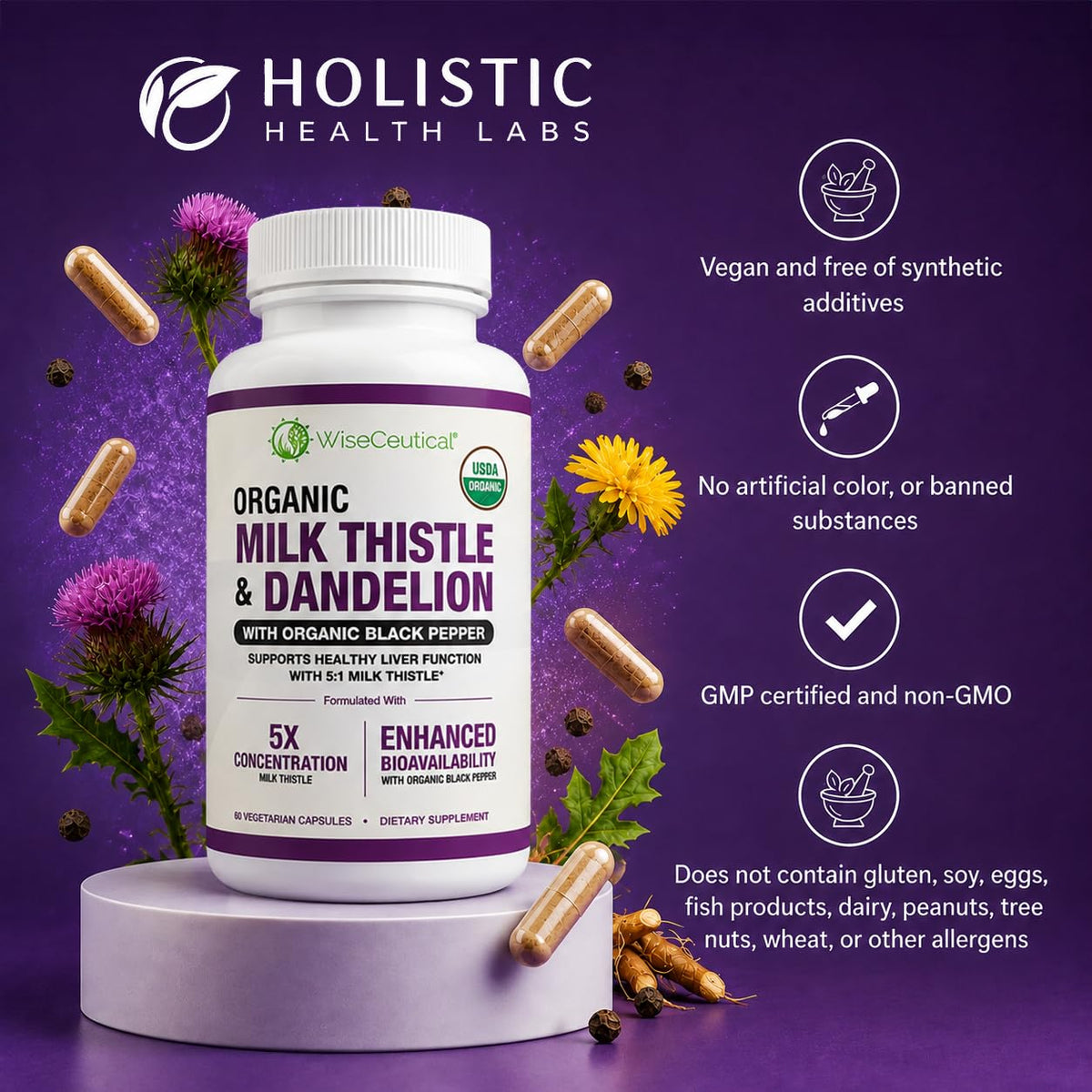 Max Absorption USDA Organic Milk Thistle Potent 5:1 Concentrated Extract (2000mg Strength) & Organic Dandelion Root | Silymarin Antioxidant Flavonoid | Liver Support Supplement (60 Count (Pack of 1))