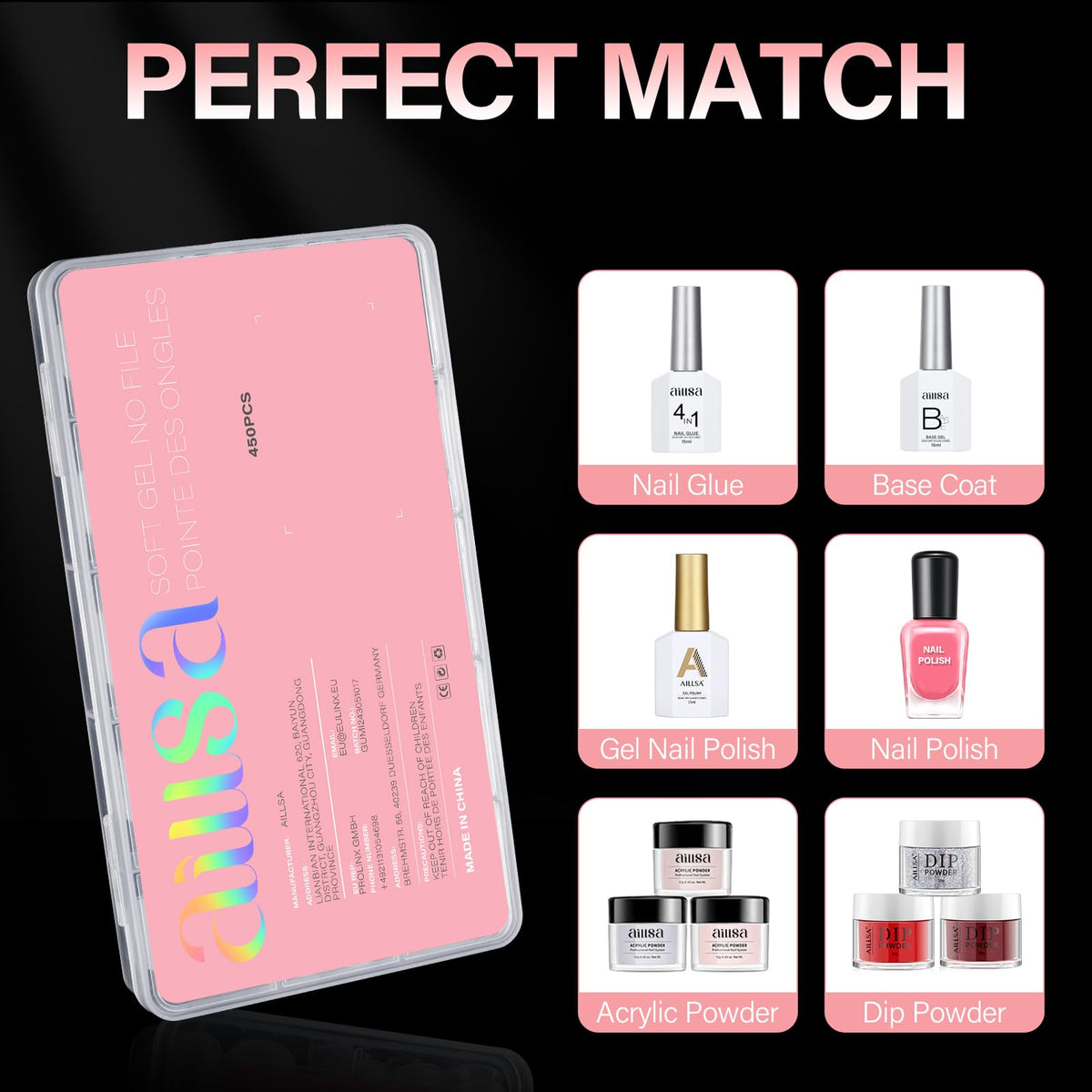 AILLSA 450PCS Short Almond Nail Tips in a stylish case, ideal for gel and acrylic applications, includes essential nail products.