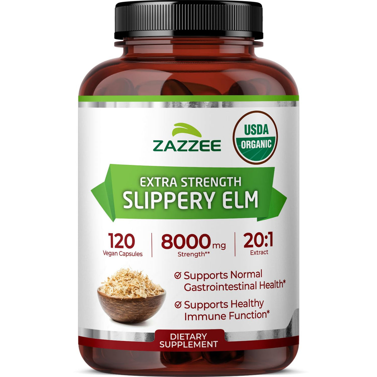 Zazzee USDA Organic Slippery Elm Bark 20:1 Extract, 120 Vegan Capsules