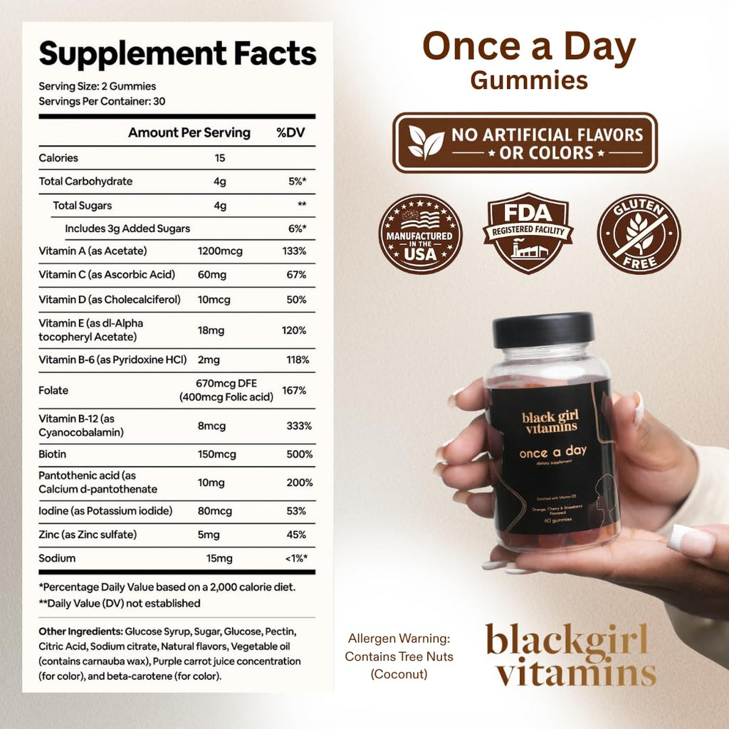 Black Girl Vitamins Once a Day - Womens Multivitamin Gummy - Vitamin A, B, C, E and Zinc. Multivitamin for Women, Immune Support. Vegan, Gluten-Free. Made in The USA (30 Day Supply, Strawberry)