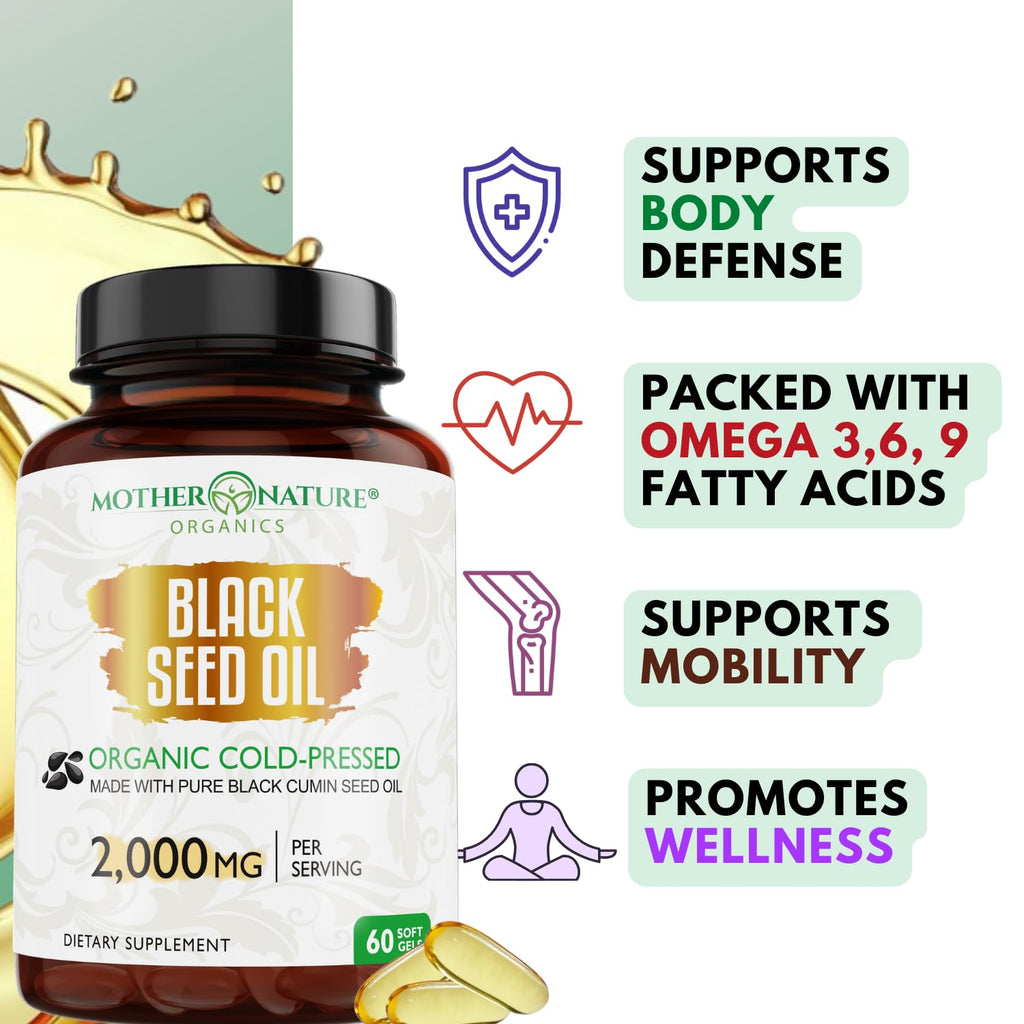 MNO Black Seed Oil Capsules 2000mg High TQ, 60 Count, Cold Pressed Supply | Organic cold pressed black cumin oil capsules with high TQ for immune & joint support, 1 month supply, 60 count
