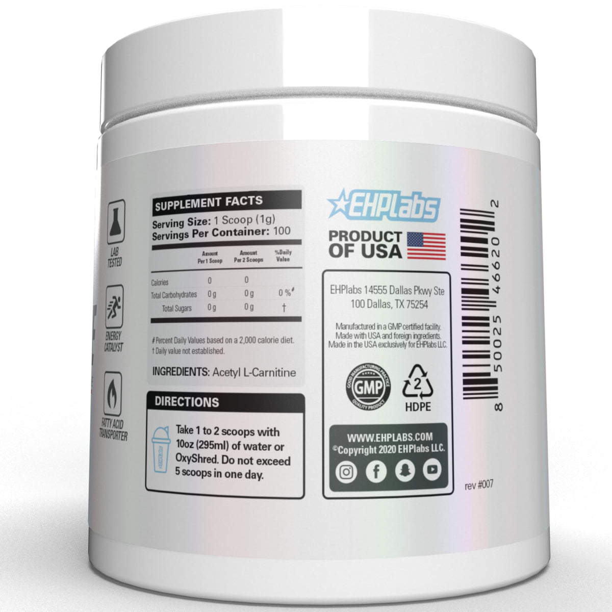 EHP Labs Acetyl L Carnitine Powder - Supports Natural Energy Production, Assists in Healthy Brain Function, Supports Heart Health, Vegan, Gluten Free, Non GMO - 100 Servings