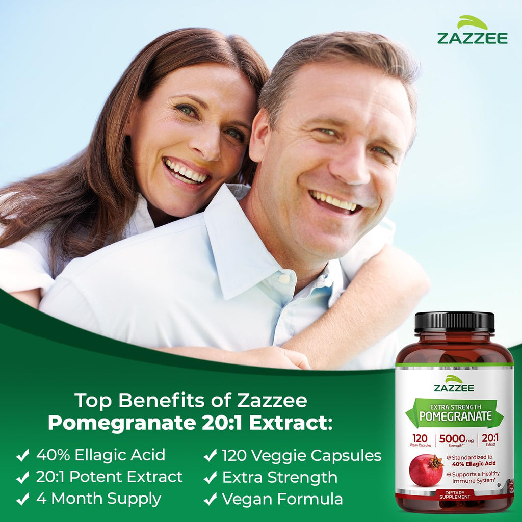 Zazzee Extra Strength Pomegranate 20:1 Extract, 120 Vegan Capsules | 40% Ellagic Acid, 4 Month Supply, Punica Granatum, Antioxidant & Cellular Health Support, Non-GMO, Made in the USA