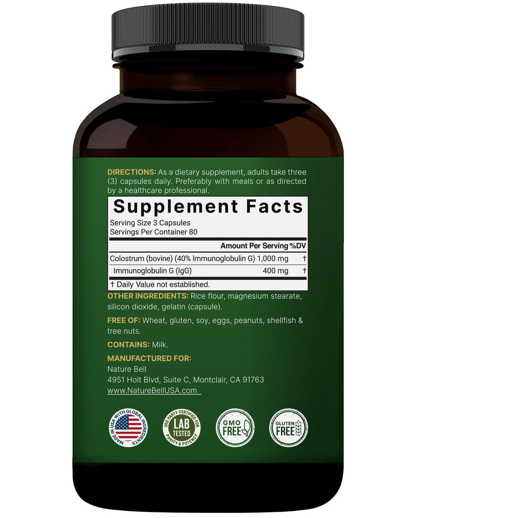 NatureBell Bovine Colostrum Supplement 1,000mg Per Serving, 240 Capsules | 40% IgG Colostrum Powder for Gut Health, Bloating, Skin, Hair & Immune Support – Non-GMO