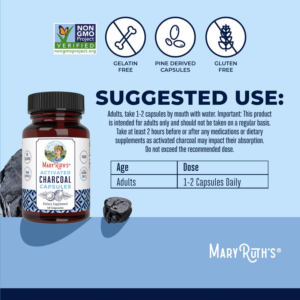 MARYRUTH'S Activated Charcoal Capsules, 950 mg, Non-GMO, Vegan, 40 Count | Substance Adsorption, Derived from Coconut Shells, Vegan Capsules from Pine Trees, Gluten Free