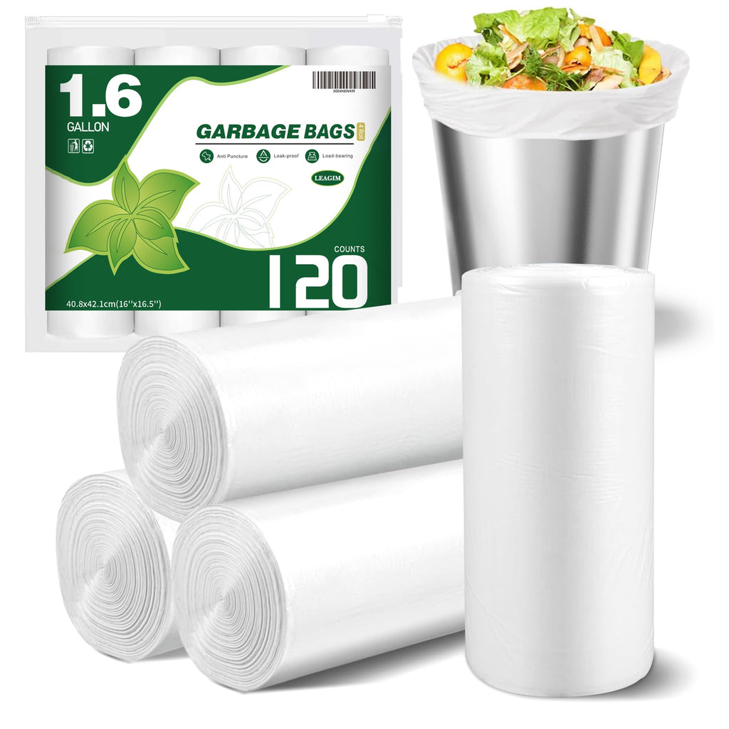 120 Counts 1.6 Gallon Small Trash Bags, Mini Garbage Bags, Fit 1.2-2 Gal, 4.5-8 Liter, Bathroom White Trash Can Bin Liners for Home Office Bathroom Bedroom