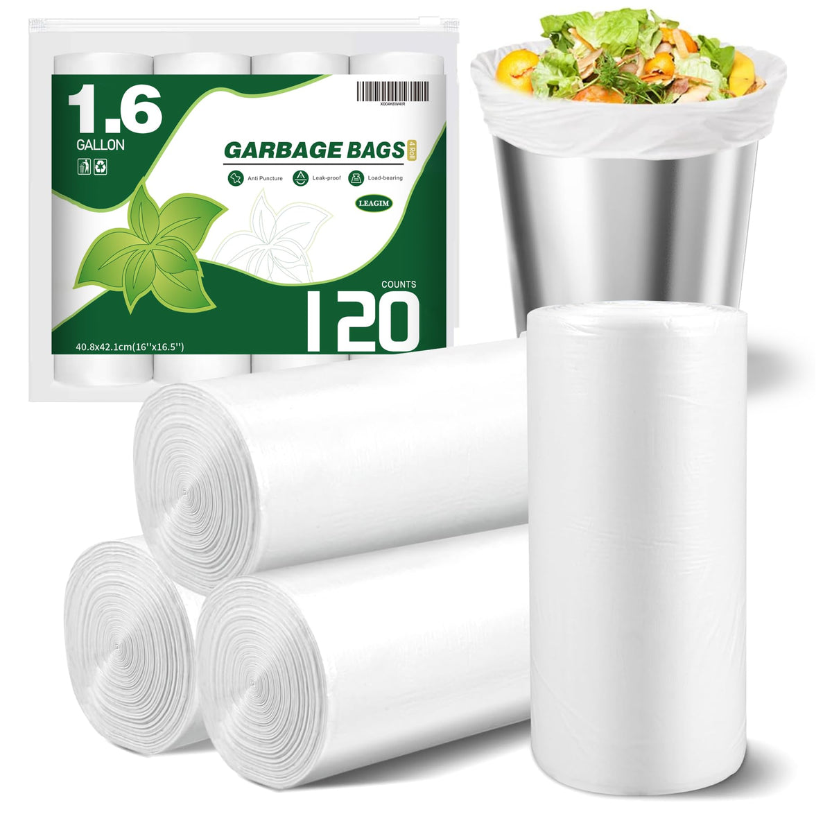 120 Counts 1.6 Gallon Small Trash Bags, Mini Garbage Bags, Fit 1.2-2 Gal, 4.5-8 Liter, Bathroom White Trash Can Bin Liners for Home Office Bathroom Bedroom