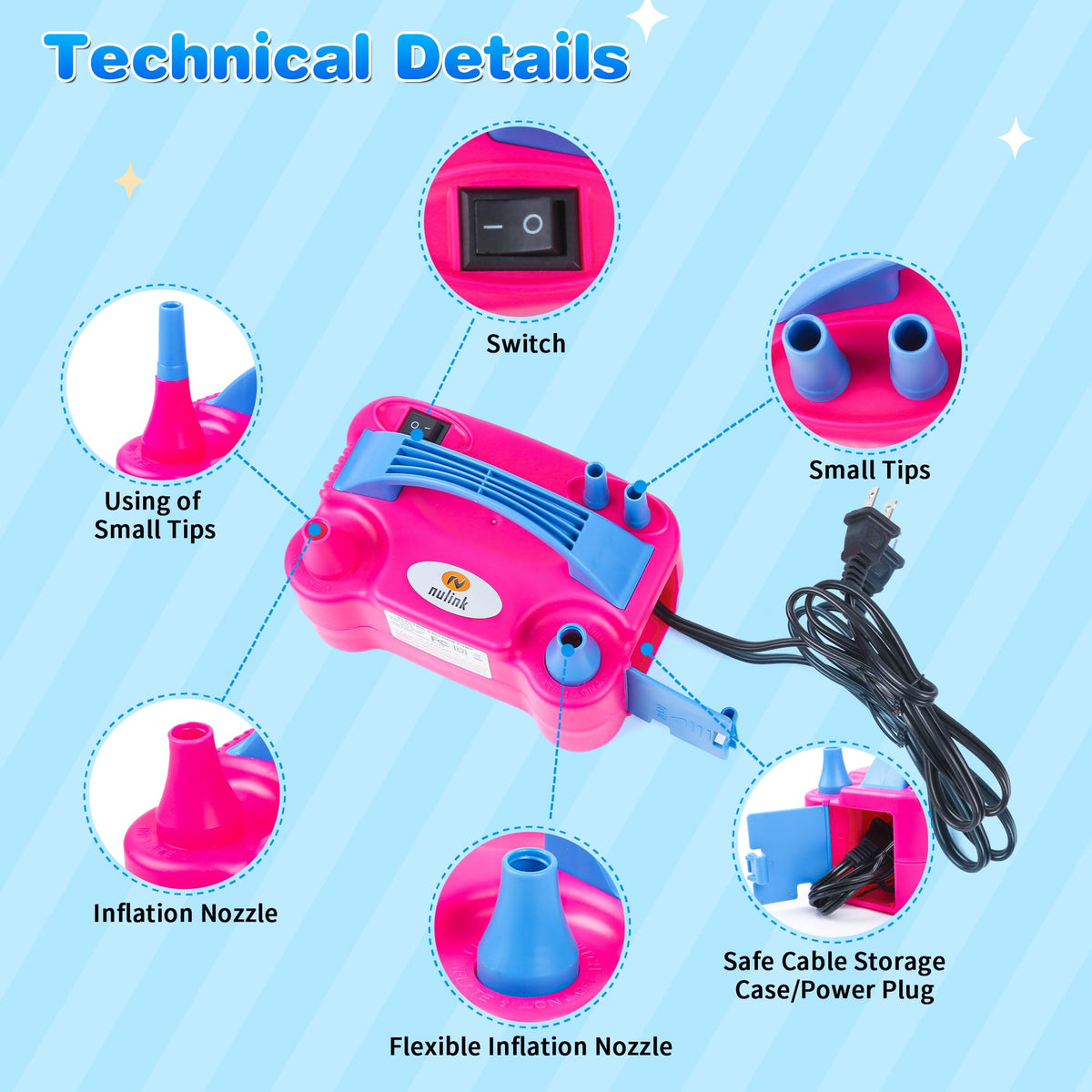 Balloon Pump Electric Portable Dual Nozzle Air Pump for Balloons Blower Pump Inflator for Decoration, Birthday Party [110V~120V, 600W, Bright Pink]