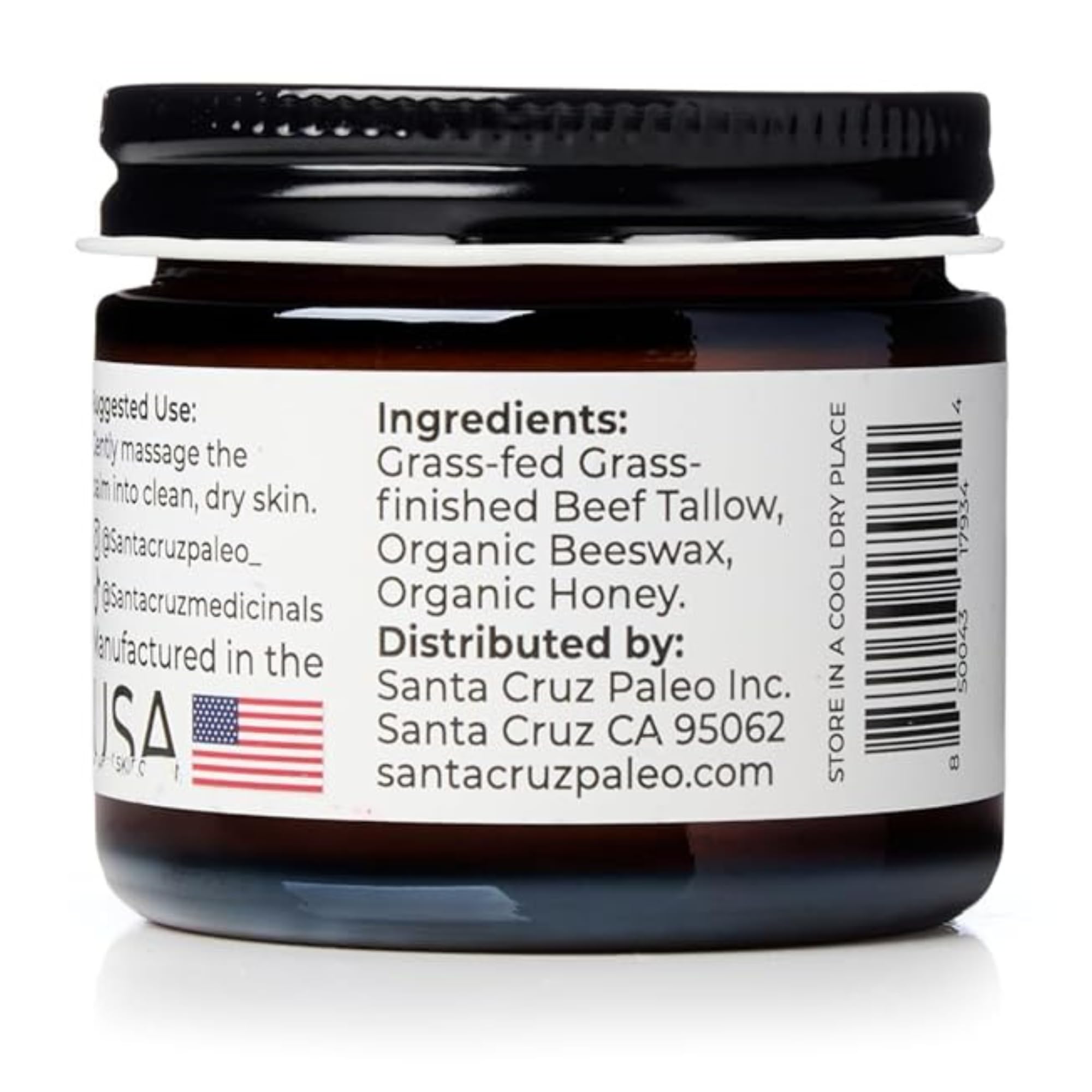 Santa Cruz Paleo, Beef Tallow, Beeswax & Honey Face Moisturizer, Organic, Unscented Grassfed Beef Tallow Skin Care, Sunscreen Free, Non Comedogenic Face & Body Moisturizer for Sensitive Skin, 2 Oz