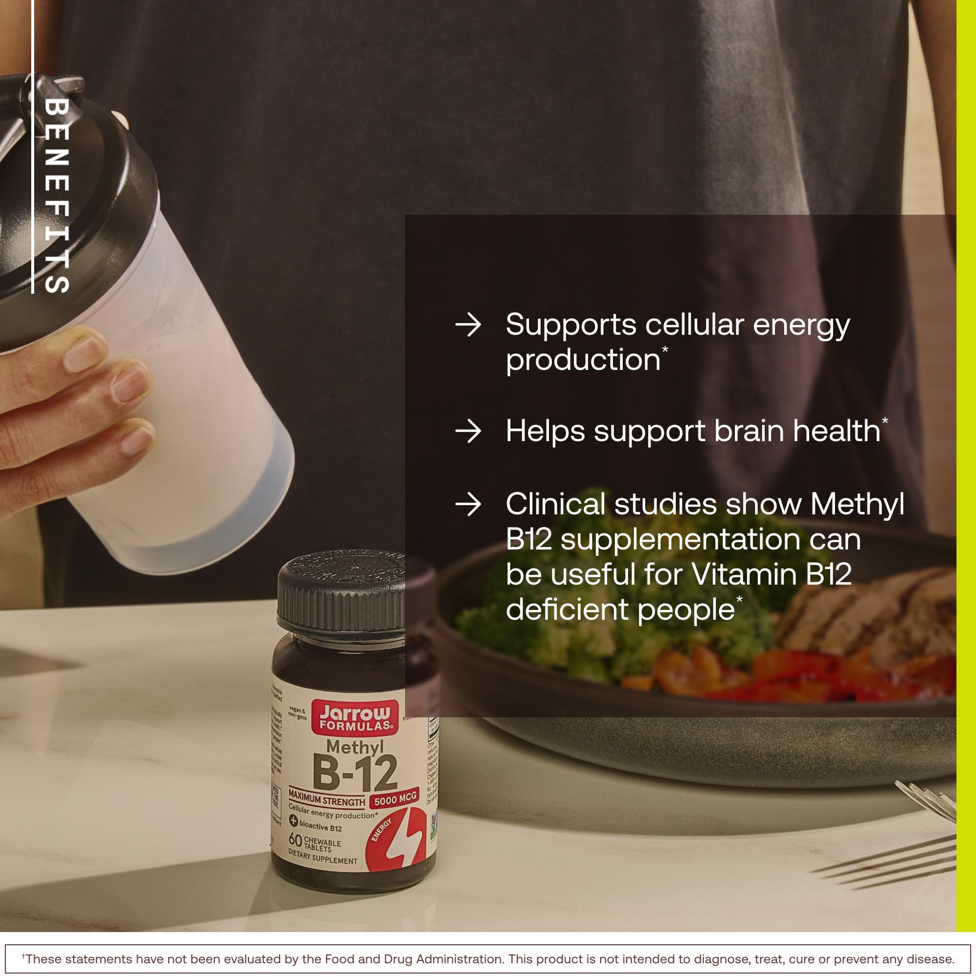 Jarrow Methyl Vitamin B-12 5000 mcg, Cellular Energy, 60 Chewable Tablets | Fruit Flavored, Bioactive B12 Vitamin, Supports Cellular Energy Production, Brain Health & Metabolism, 60 Servings