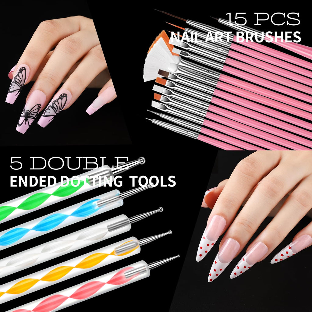 Teenitor Nail Charms and Nail Art Tools Set, Nail Art Kit with 5 Boxes of 3D Nail Charms and Gems Rhinestones, 15 Pcs Nail Art Brushes, 5 Pcs Nail Dotting Tools, 2 Set of Nail Stand