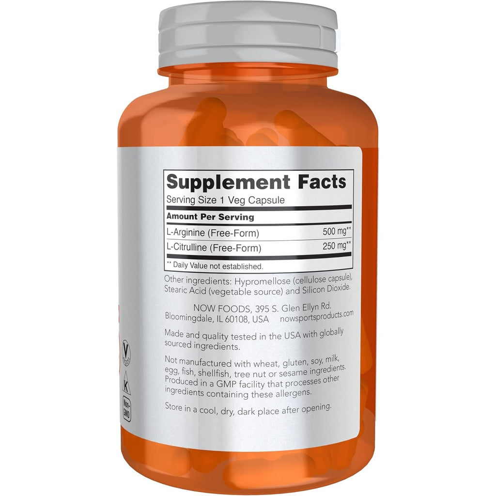 Buy now NOW Sports Nutrition, Arginine & Citrulline 500 mg/ 250 mg, Amino Acids, 120 Veg Capsules at indiglob india