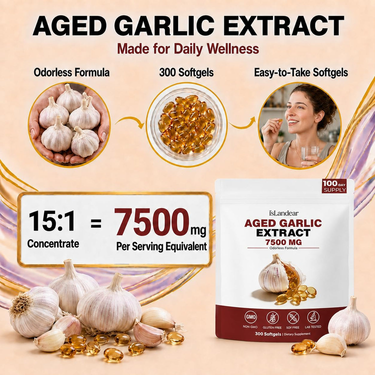 Aged Garlic Extract - 7500mg Odorless 300 Softgels, 2 Years Matured